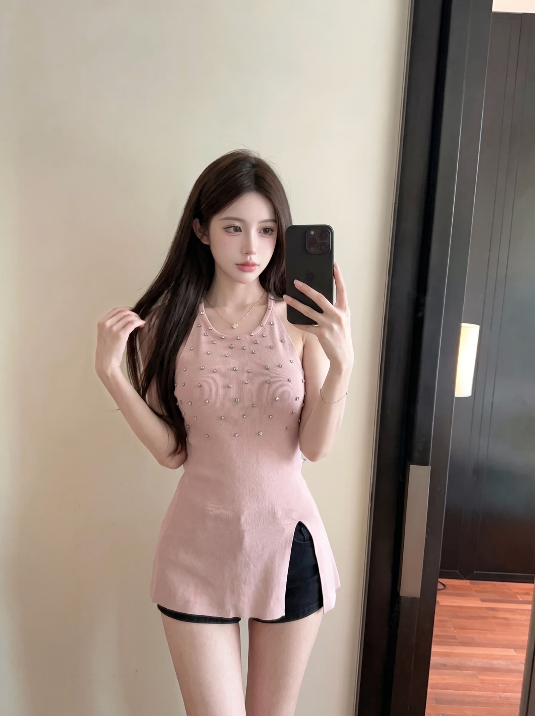 실사 프랑스식 품격 무거운 작업 다이아몬드 세팅 행침 목 니트 조끼 여성 여름 외출용 트임 허리 수축 민소매 맨위 상세 이미지 9