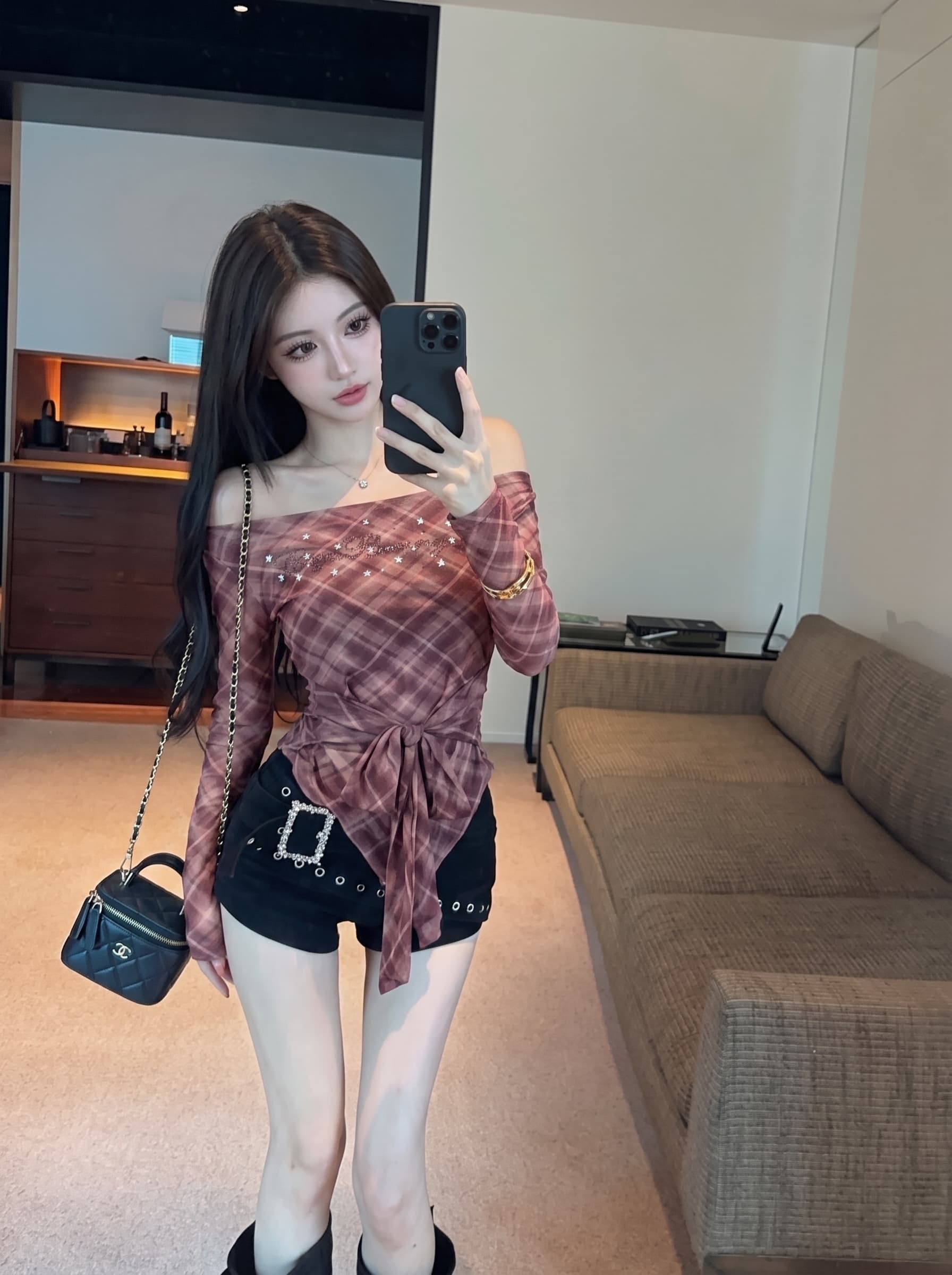 실사 순수한 욕망 바람 핫걸 체크무늬 오프숄더 마이크로 ~을 통해 긴팔 티셔츠 여성 불규칙 자이언트 잘 생긴 ~ 중 작은 맨위 이미지 3