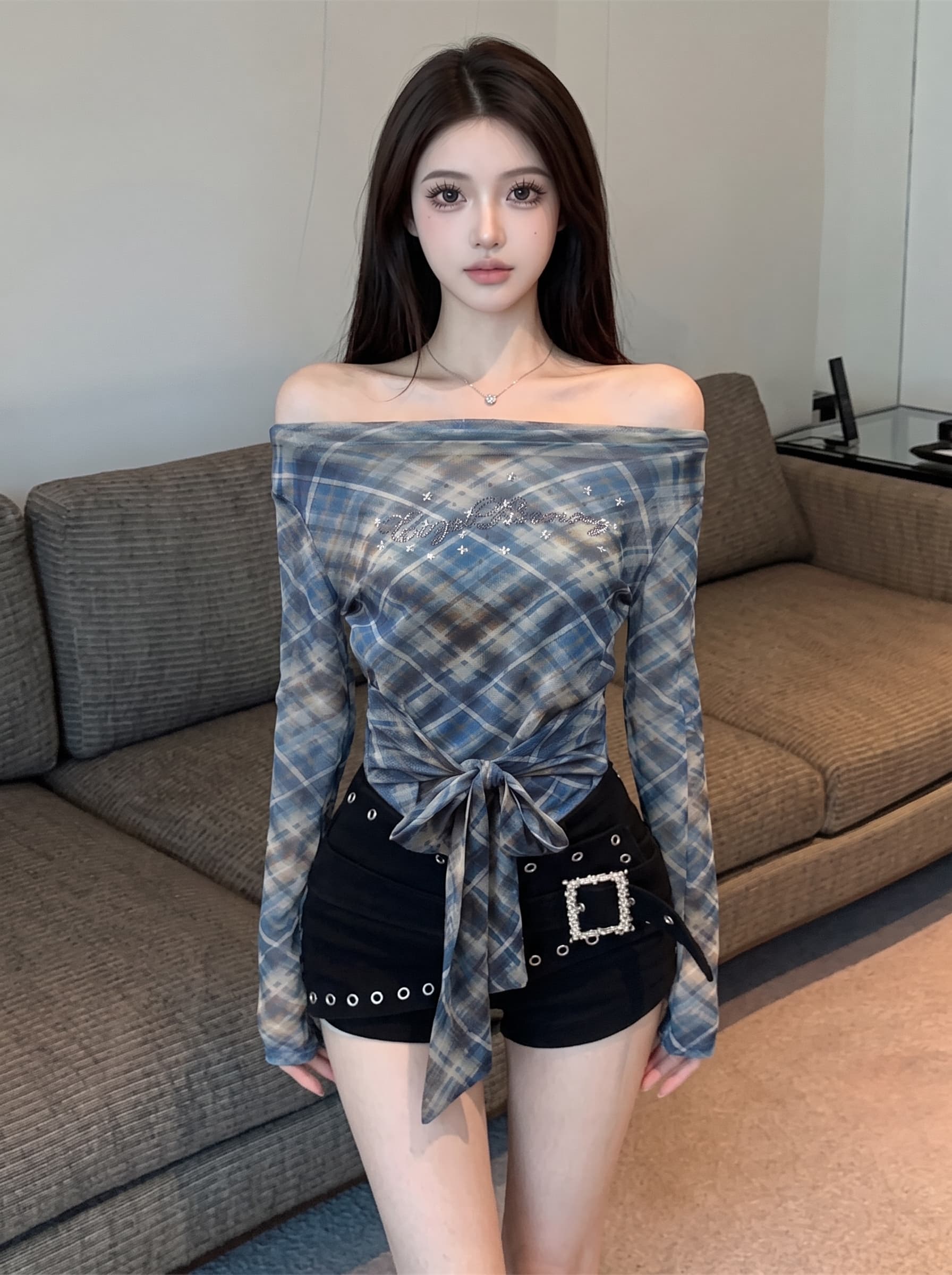실사 순수한 욕망 바람 핫걸 체크무늬 오프숄더 마이크로 ~을 통해 긴팔 티셔츠 여성 불규칙 자이언트 잘 생긴 ~ 중 작은 맨위 상세 이미지 3