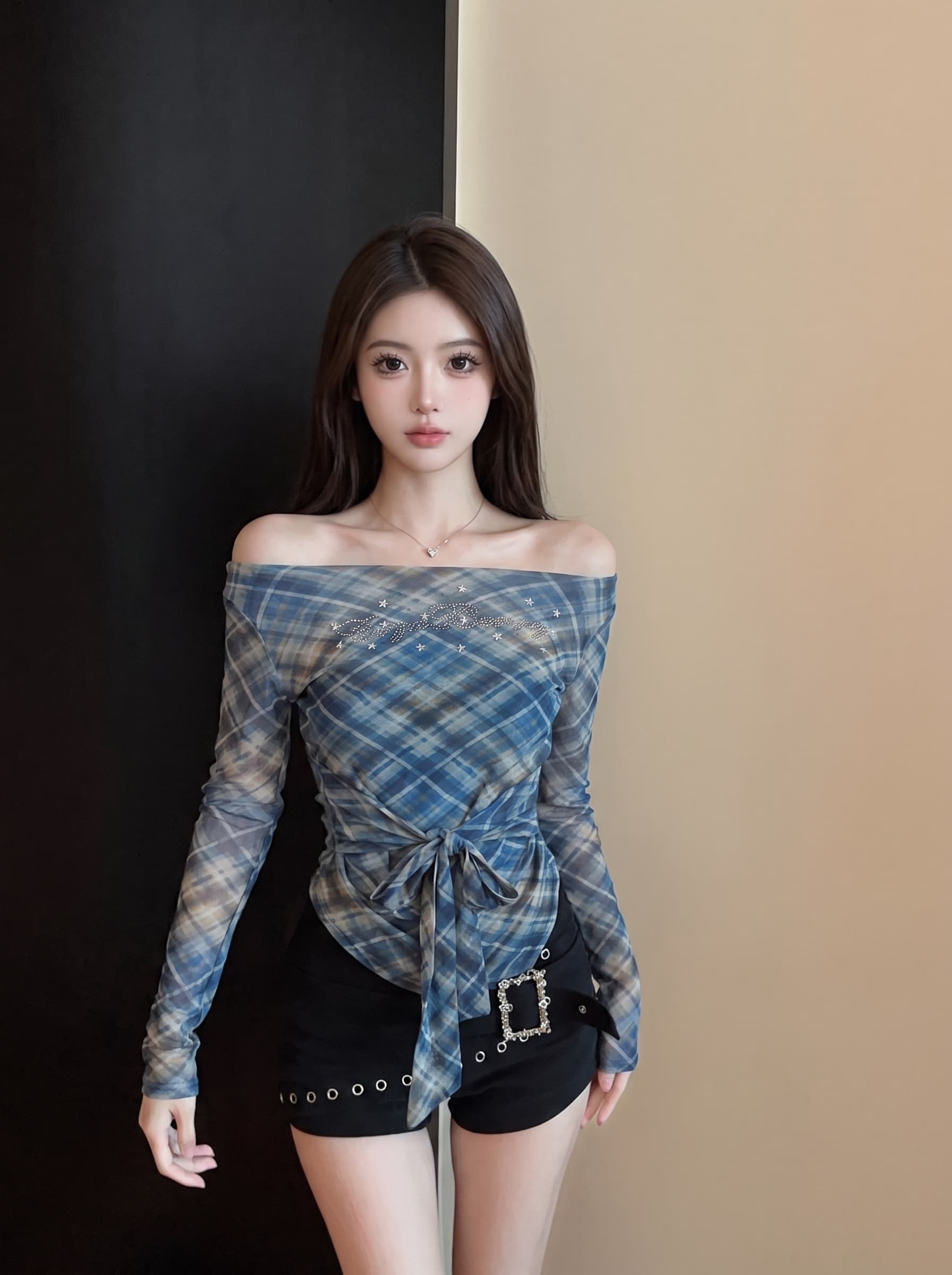실사 순수한 욕망 바람 핫걸 체크무늬 오프숄더 마이크로 ~을 통해 긴팔 티셔츠 여성 불규칙 자이언트 잘 생긴 ~ 중 작은 맨위 상세 이미지 4