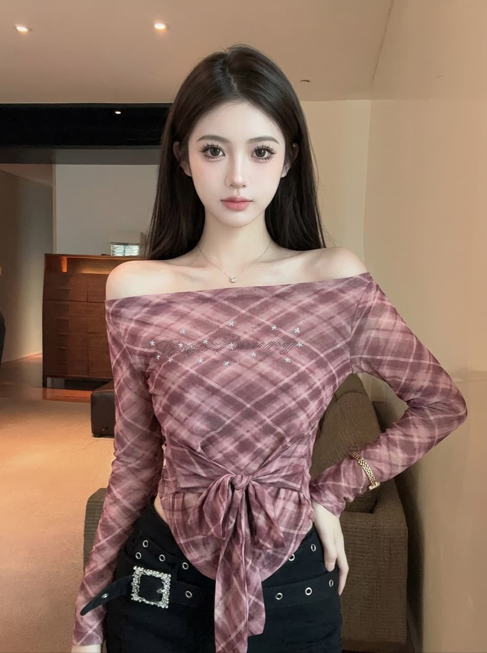 실사 순수한 욕망 바람 핫걸 체크무늬 오프숄더 마이크로 ~을 통해 긴팔 티셔츠 여성 불규칙 자이언트 잘 생긴 ~ 중 작은 맨위 상세 이미지 6