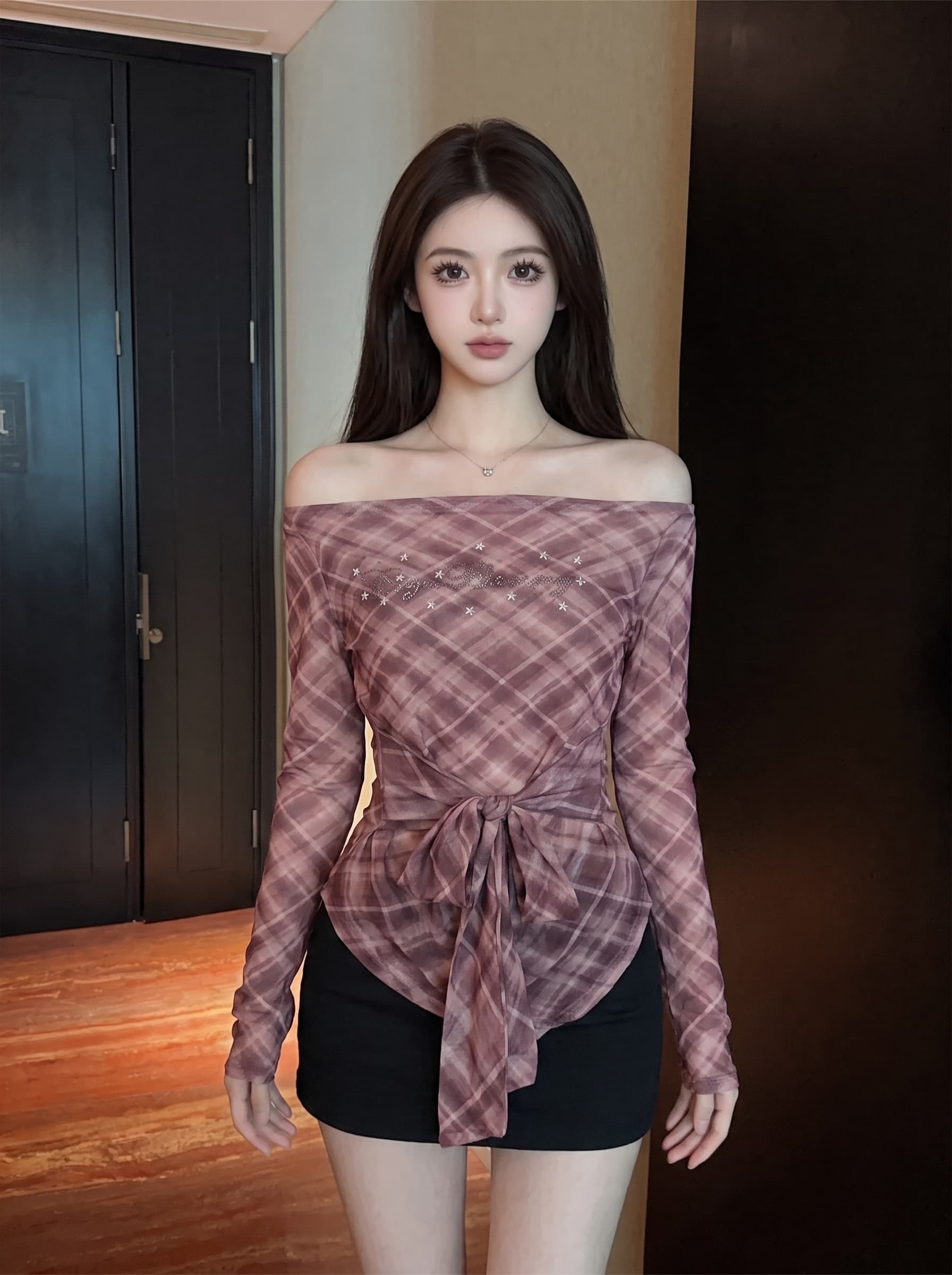 실사 순수한 욕망 바람 핫걸 체크무늬 오프숄더 마이크로 ~을 통해 긴팔 티셔츠 여성 불규칙 자이언트 잘 생긴 ~ 중 작은 맨위 상세 이미지 8