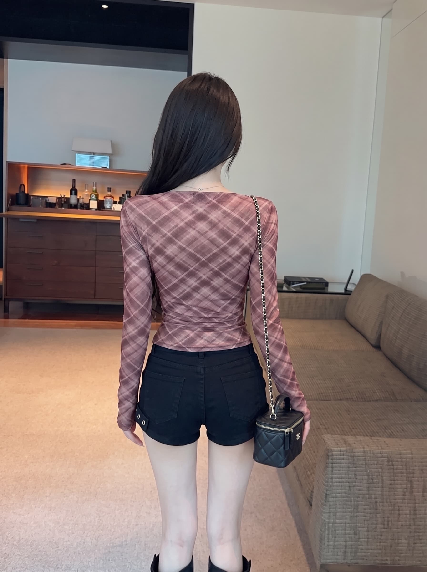 실사 순수한 욕망 바람 핫걸 체크무늬 오프숄더 마이크로 ~을 통해 긴팔 티셔츠 여성 불규칙 자이언트 잘 생긴 ~ 중 작은 맨위 상세 이미지 10