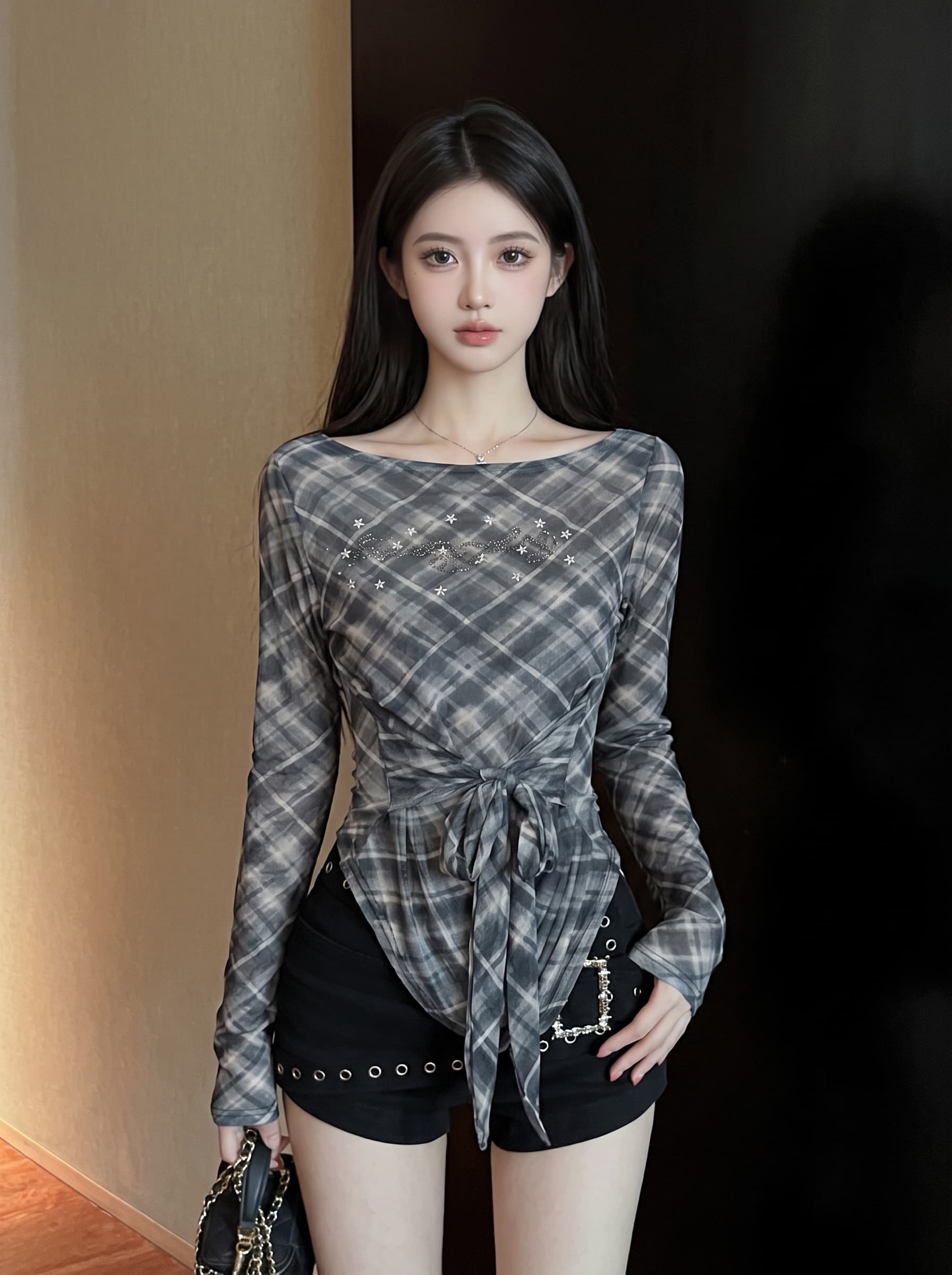 실사 순수한 욕망 바람 핫걸 체크무늬 오프숄더 마이크로 ~을 통해 긴팔 티셔츠 여성 불규칙 자이언트 잘 생긴 ~ 중 작은 맨위 상세 이미지 14