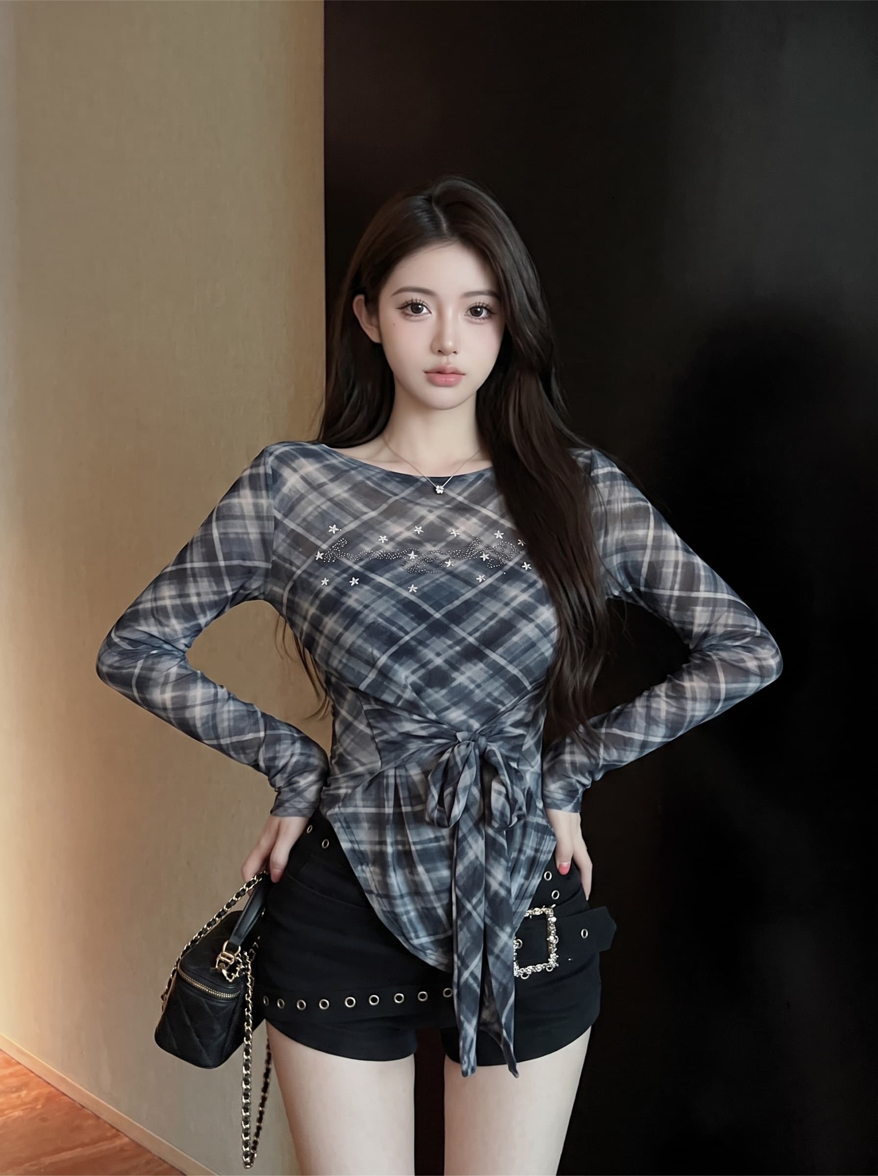 실사 순수한 욕망 바람 핫걸 체크무늬 오프숄더 마이크로 ~을 통해 긴팔 티셔츠 여성 불규칙 자이언트 잘 생긴 ~ 중 작은 맨위 상세 이미지 15