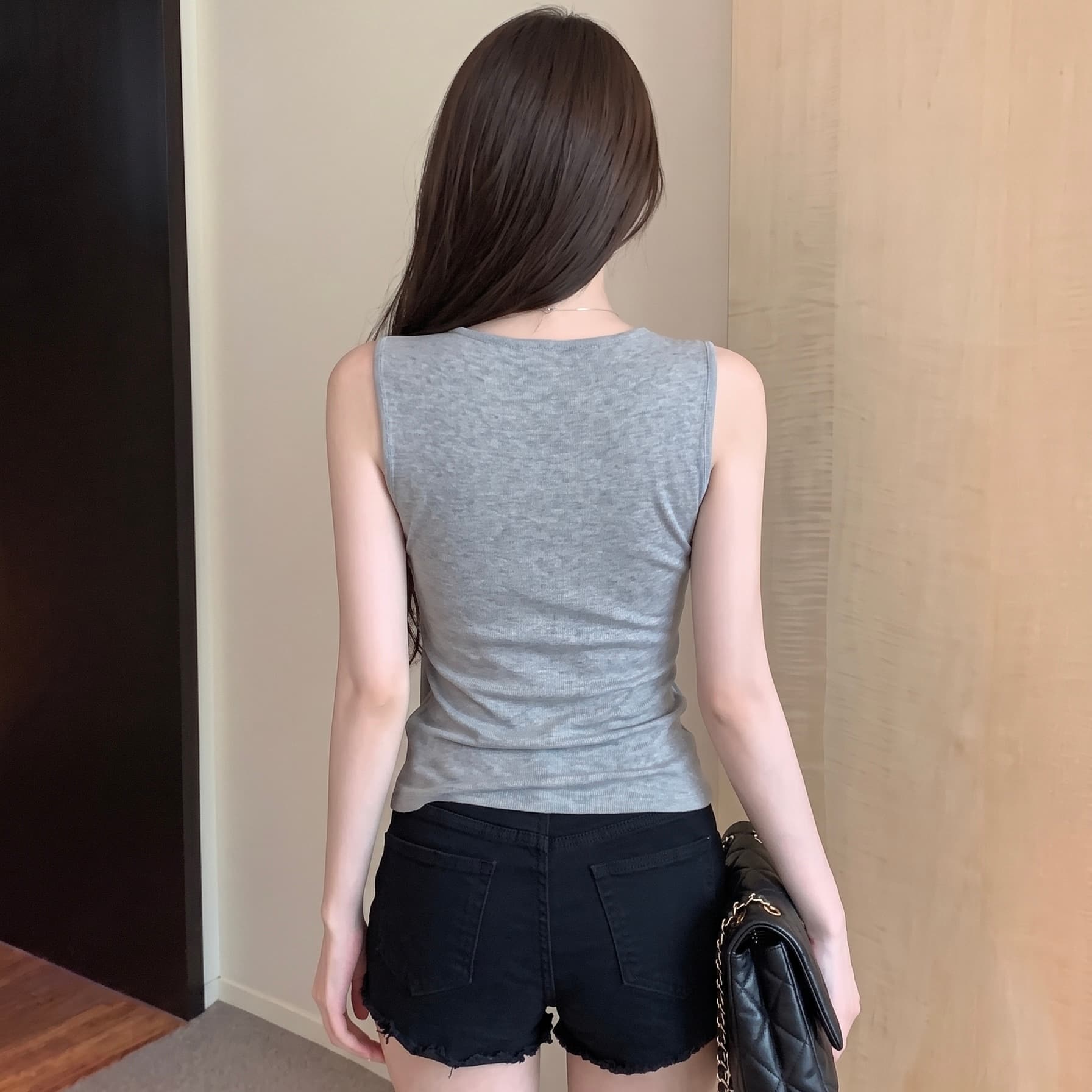 실사 고급 센스 주름 흔들다 칼라 반팔 티셔츠 불규칙 허리 수축 작은 셔츠 여성 여름 민소매 디자인 센스 맨위 이미지 6