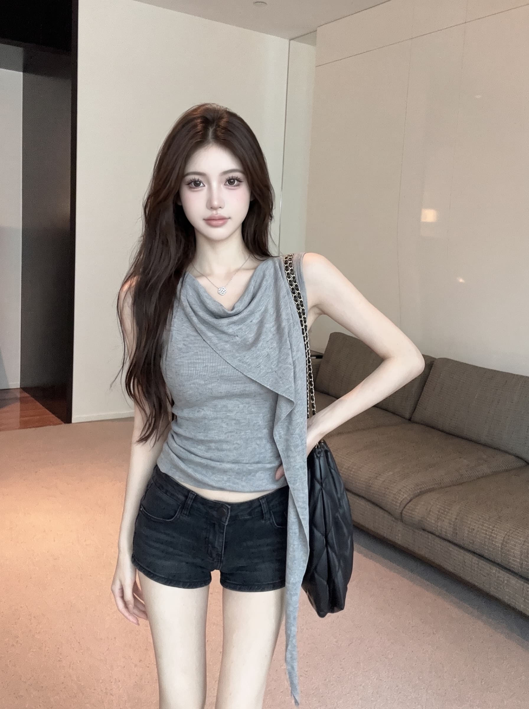 실사 고급 센스 주름 흔들다 칼라 반팔 티셔츠 불규칙 허리 수축 작은 셔츠 여성 여름 민소매 디자인 센스 맨위 이미지 3