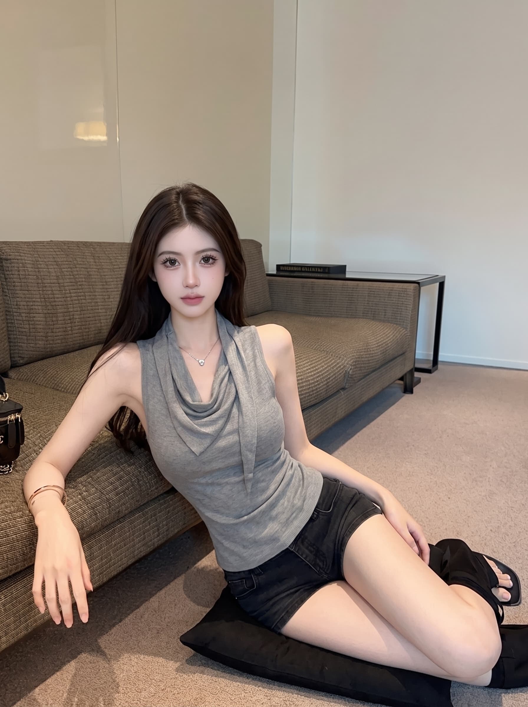 실사 고급 센스 주름 흔들다 칼라 반팔 티셔츠 불규칙 허리 수축 작은 셔츠 여성 여름 민소매 디자인 센스 맨위 상세 이미지 2