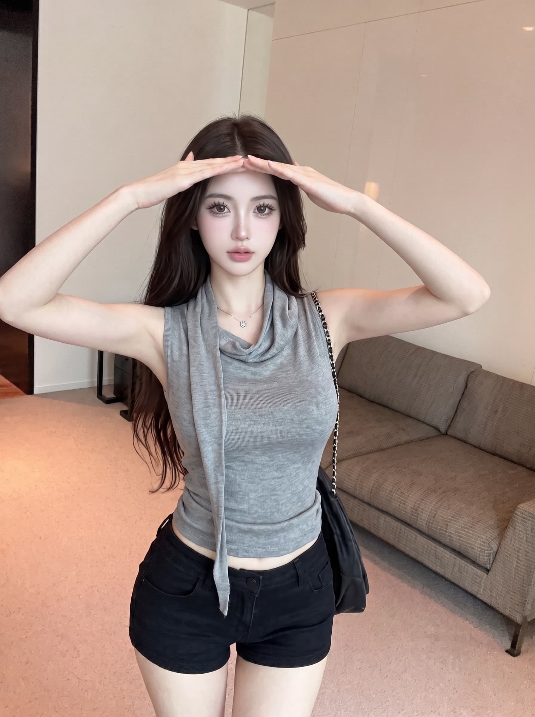 실사 고급 센스 주름 흔들다 칼라 반팔 티셔츠 불규칙 허리 수축 작은 셔츠 여성 여름 민소매 디자인 센스 맨위 상세 이미지 4