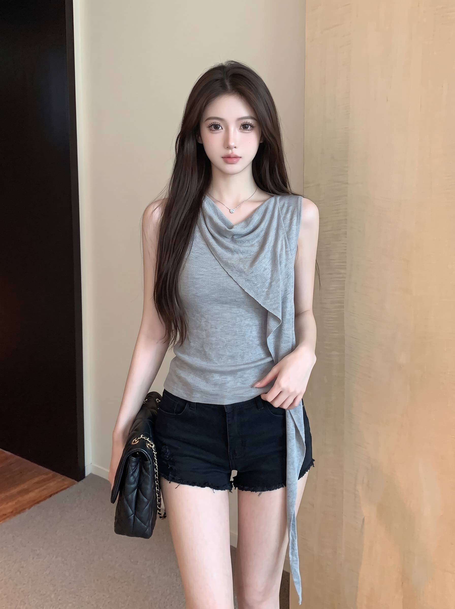 실사 고급 센스 주름 흔들다 칼라 반팔 티셔츠 불규칙 허리 수축 작은 셔츠 여성 여름 민소매 디자인 센스 맨위 상세 이미지 7