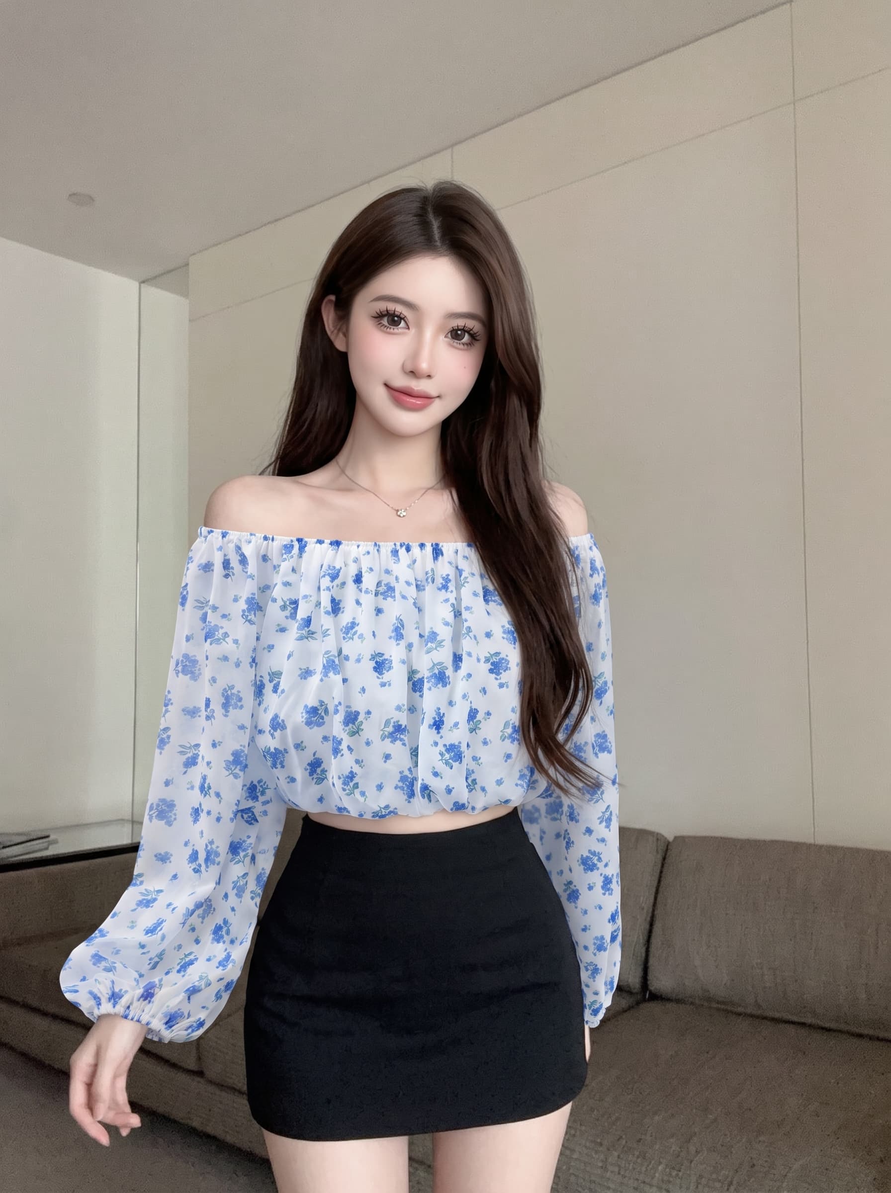 실사 프랑스식 부드러운 바람 오프숄더 꽃무늬 긴팔 티셔츠 여성 작은 대중 디자인 센스 품격 오프숄더 쇼트 스타일 맨위 상세 이미지 3