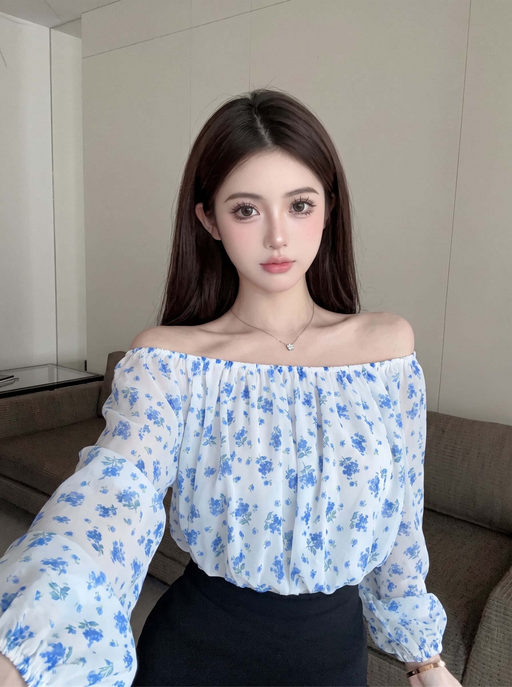 실사 프랑스식 부드러운 바람 오프숄더 꽃무늬 긴팔 티셔츠 여성 작은 대중 디자인 센스 품격 오프숄더 쇼트 스타일 맨위 상세 이미지 4