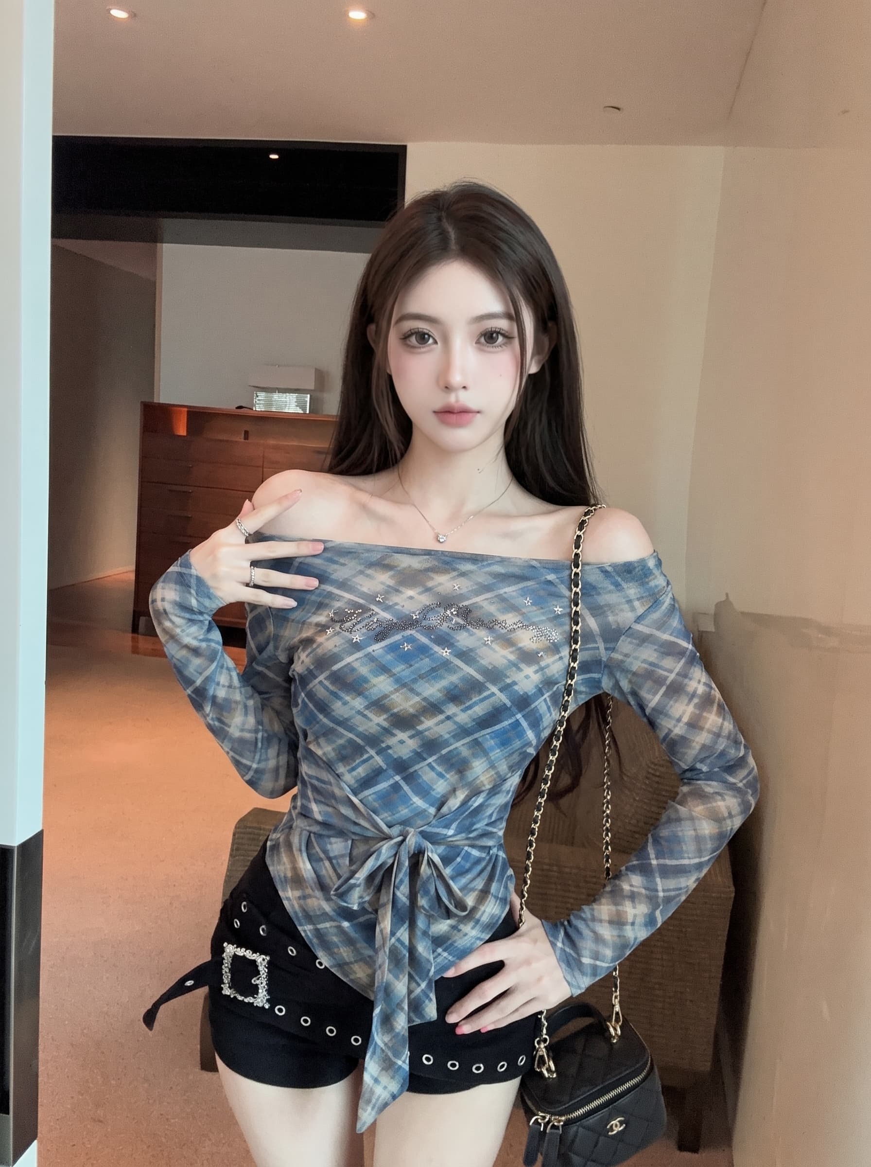 실사 순수한 욕망 바람 핫걸 체크무늬 오프숄더 마이크로 ~을 통해 긴팔 티셔츠 여성 불규칙 자이언트 잘 생긴 ~ 중 작은 맨위 이미지 2