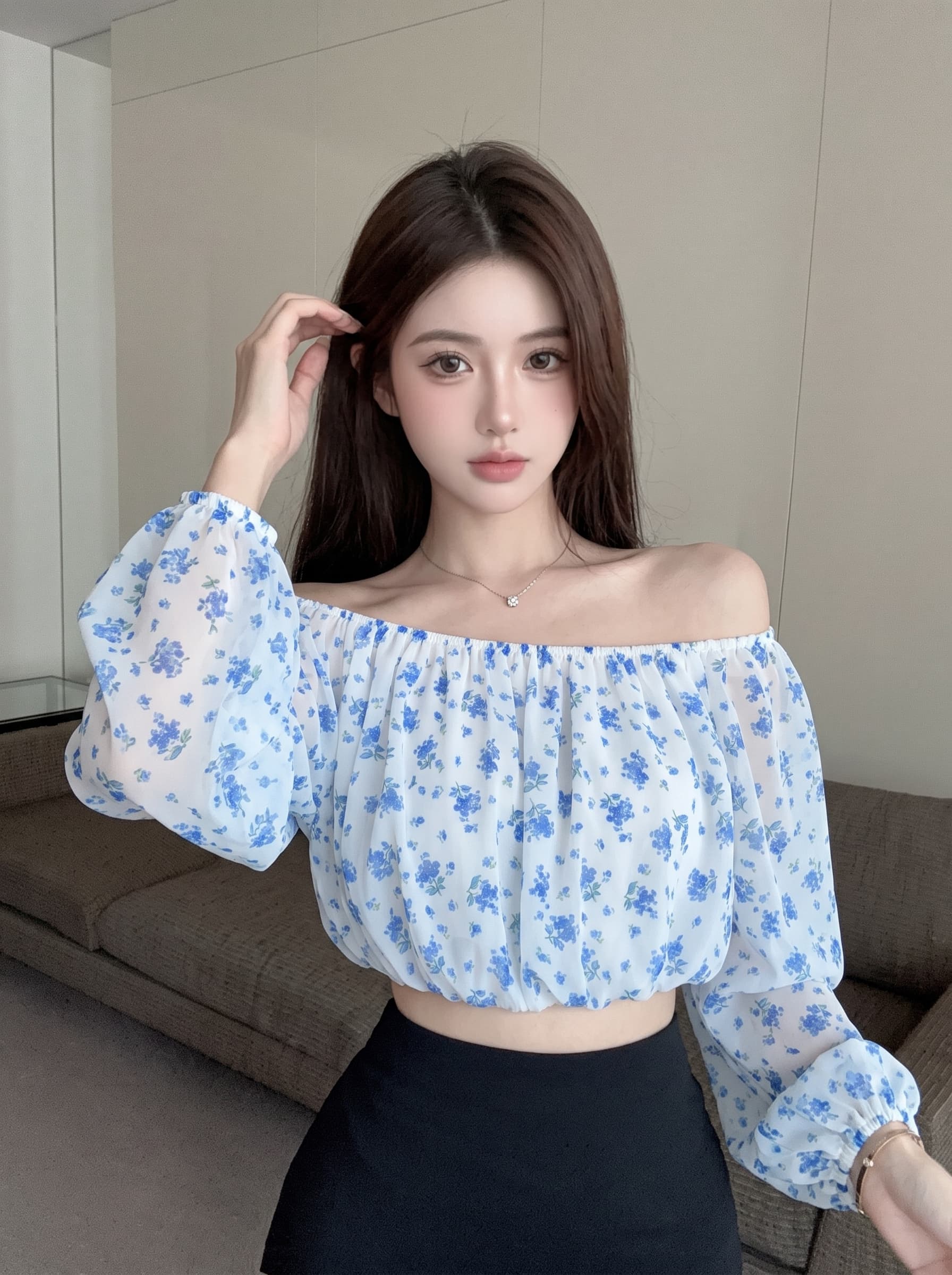 실사 프랑스식 부드러운 바람 오프숄더 꽃무늬 긴팔 티셔츠 여성 작은 대중 디자인 센스 품격 오프숄더 쇼트 스타일 맨위 이미지 3