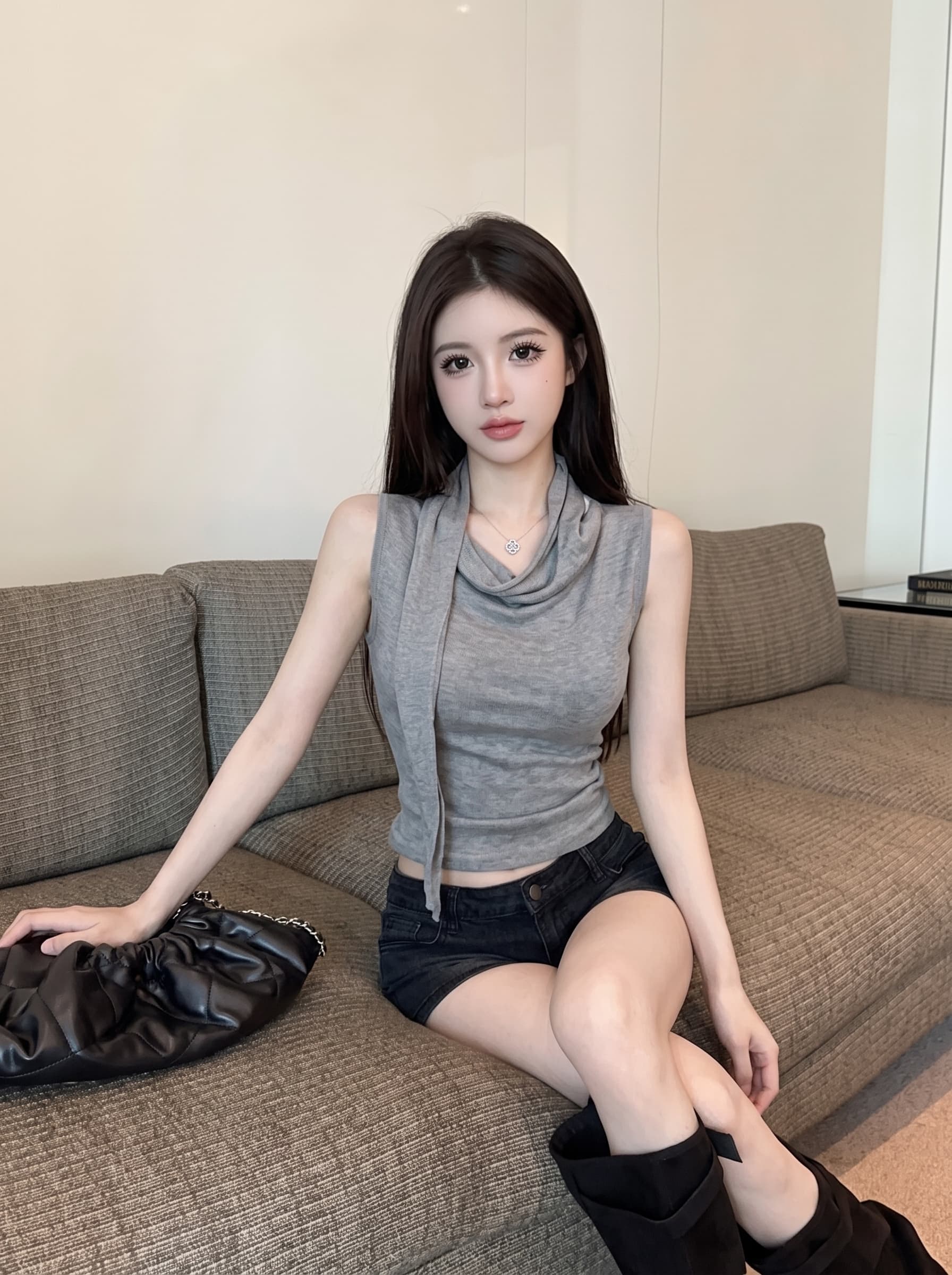 실사 고급 센스 주름 흔들다 칼라 반팔 티셔츠 불규칙 허리 수축 작은 셔츠 여성 여름 민소매 디자인 센스 맨위 이미지 5