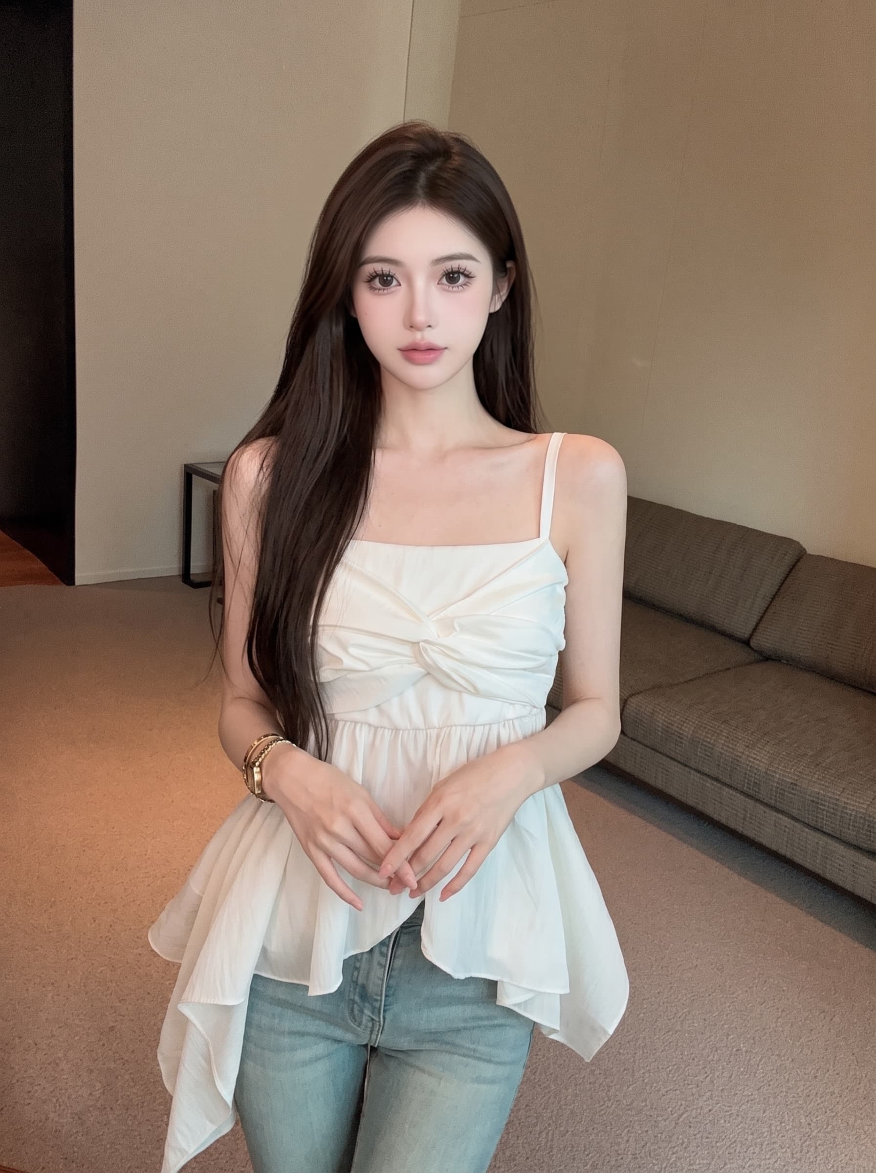 실사 여름 새로운 한국 스타일 다용도 불규칙 프릴 비틀림 캐미솔 몸매 가꾸기 슬림해 보이는 맨위 상세 이미지 2