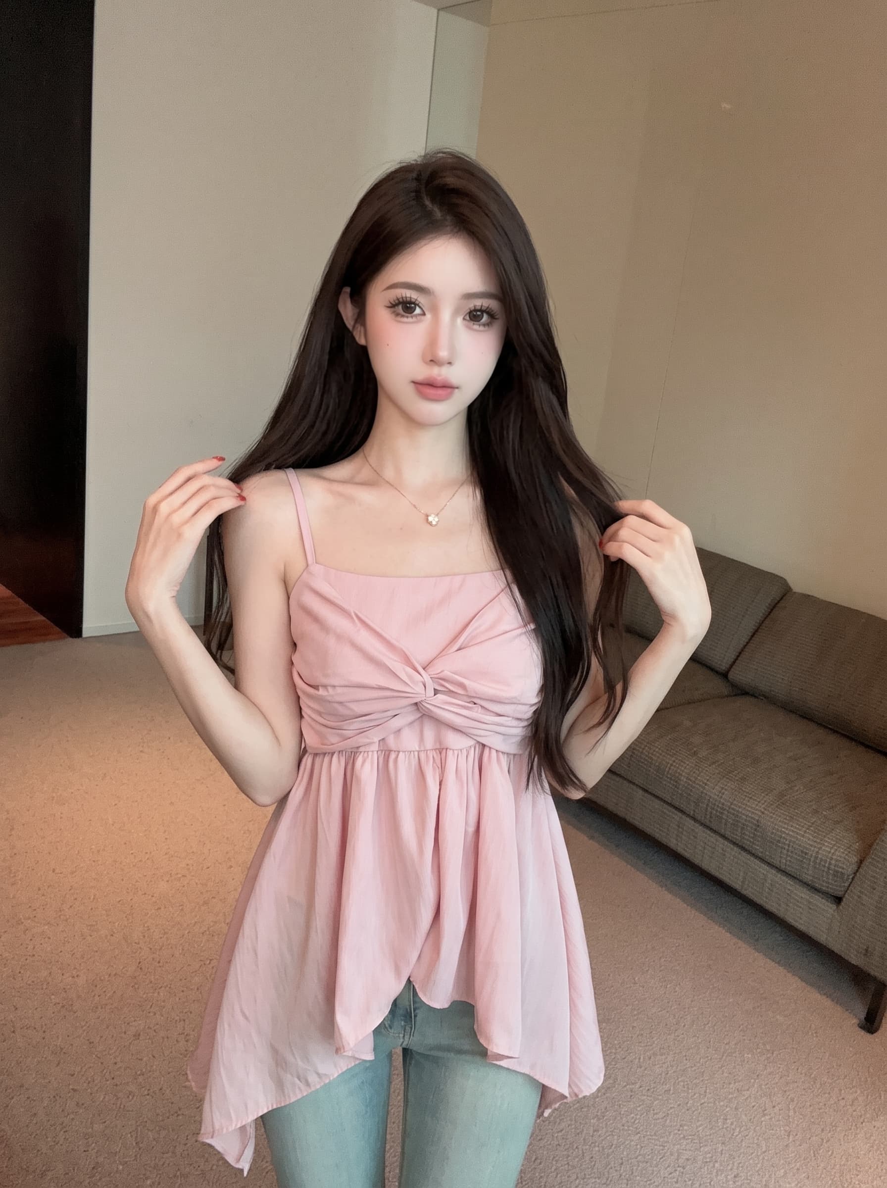 실사 여름 새로운 한국 스타일 다용도 불규칙 프릴 비틀림 캐미솔 몸매 가꾸기 슬림해 보이는 맨위 상세 이미지 4