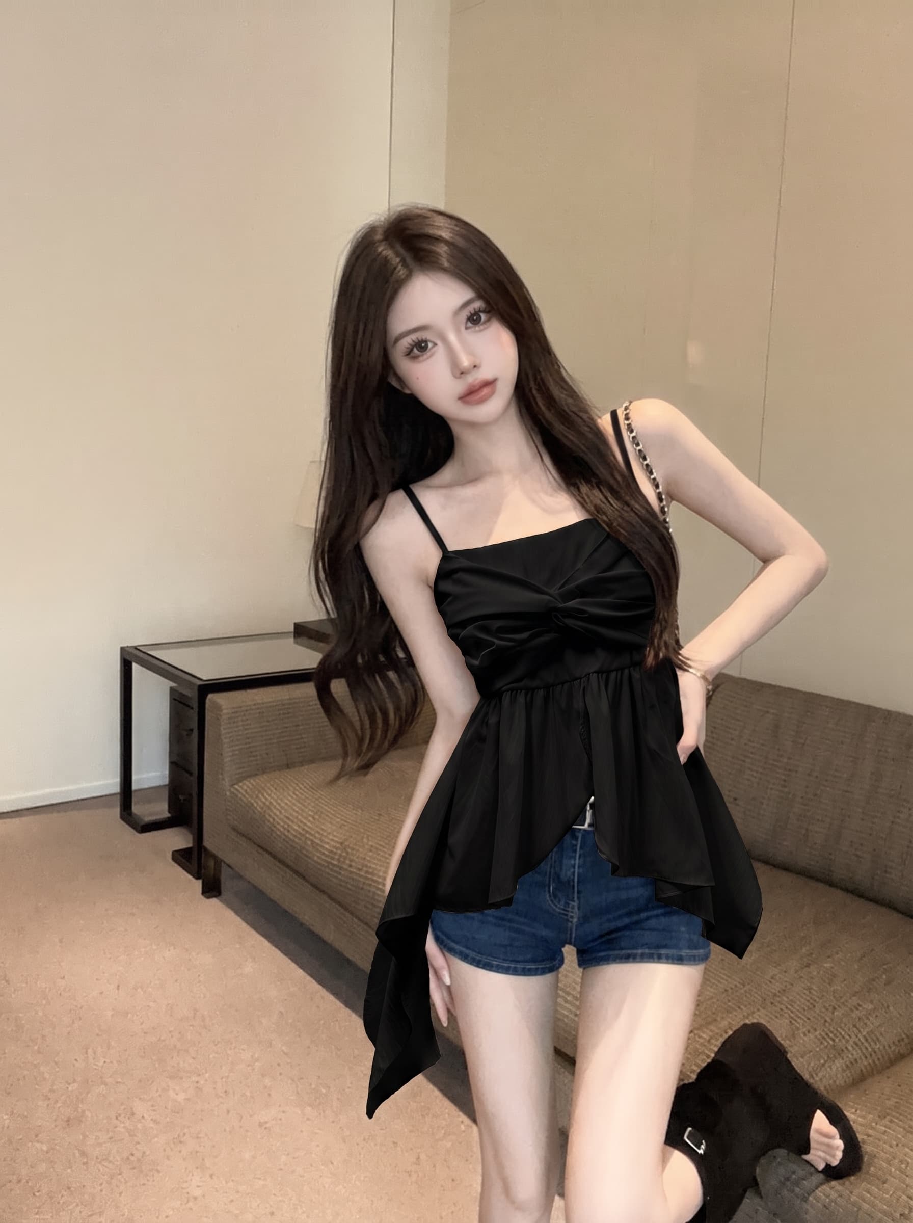 실사 여름 새로운 한국 스타일 다용도 불규칙 프릴 비틀림 캐미솔 몸매 가꾸기 슬림해 보이는 맨위 상세 이미지 9
