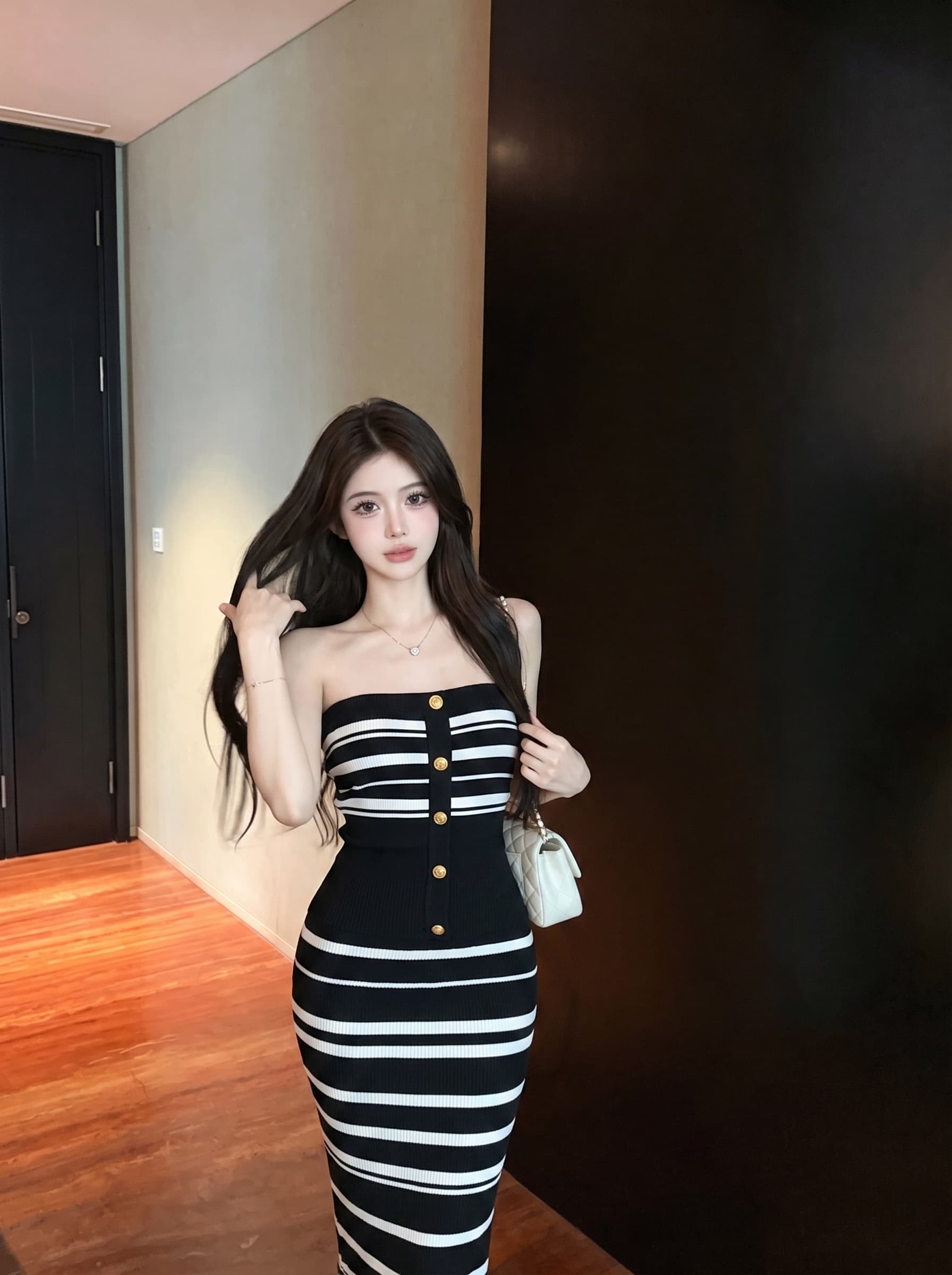 실사 롱 코트 스트라이프 니트 허리 수축 여성 드레스 여름 새로운 몸매 가꾸기 슬림해 보이는 오프숄더 품격 치마 상세 이미지 15