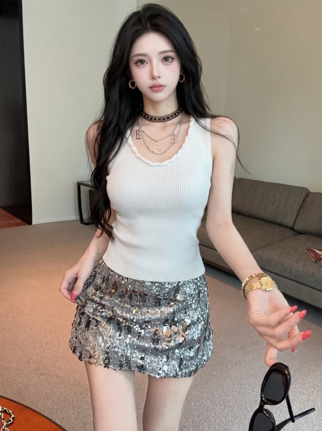 실사 매듭 디자인 대 라운드 넥 디자인 센스 니트 조끼 여성 미니멀리즘 바람 품격 다용도 민소매 맨위 상세 이미지 1