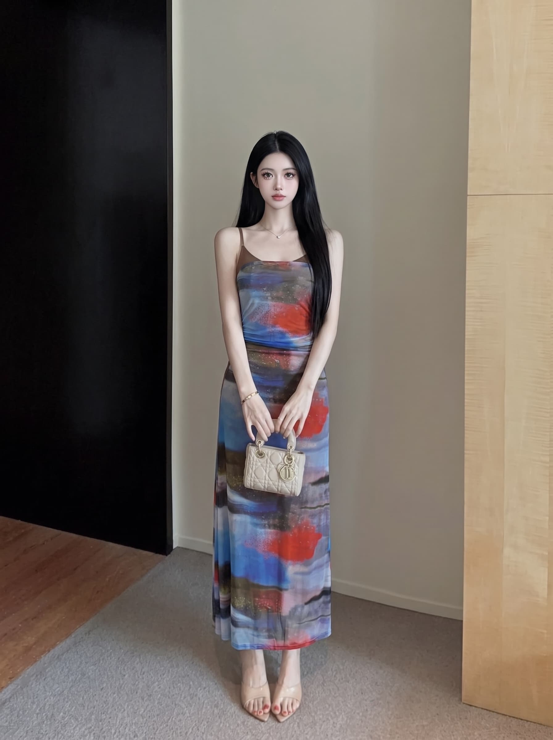 실사 순수한 욕망 바람 꽃무늬 패치워크 민소매 망사 슬립 드레스 플리츠 허리 수축 중간 길이 무릎 아래 치마 여성 상세 이미지 1