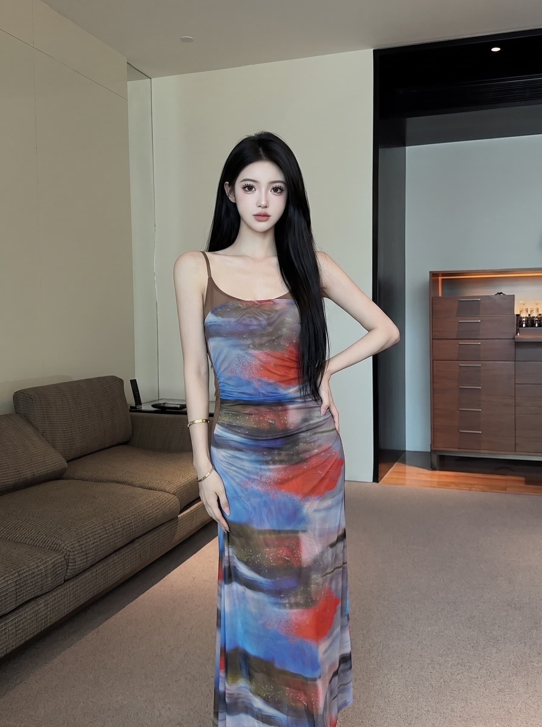 실사 순수한 욕망 바람 꽃무늬 패치워크 민소매 망사 슬립 드레스 플리츠 허리 수축 중간 길이 무릎 아래 치마 여성 상세 이미지 3