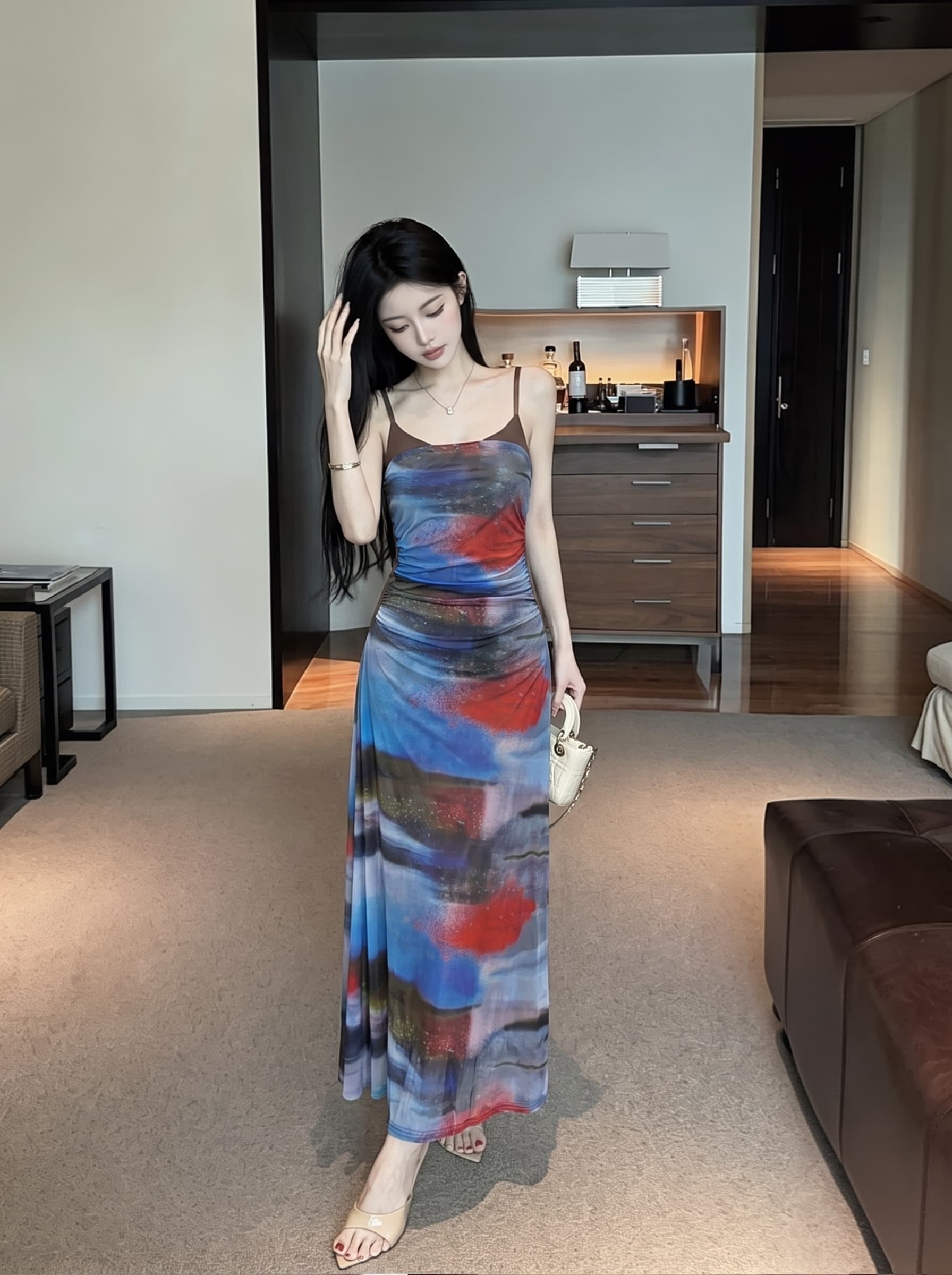 실사 순수한 욕망 바람 꽃무늬 패치워크 민소매 망사 슬립 드레스 플리츠 허리 수축 중간 길이 무릎 아래 치마 여성 상세 이미지 6