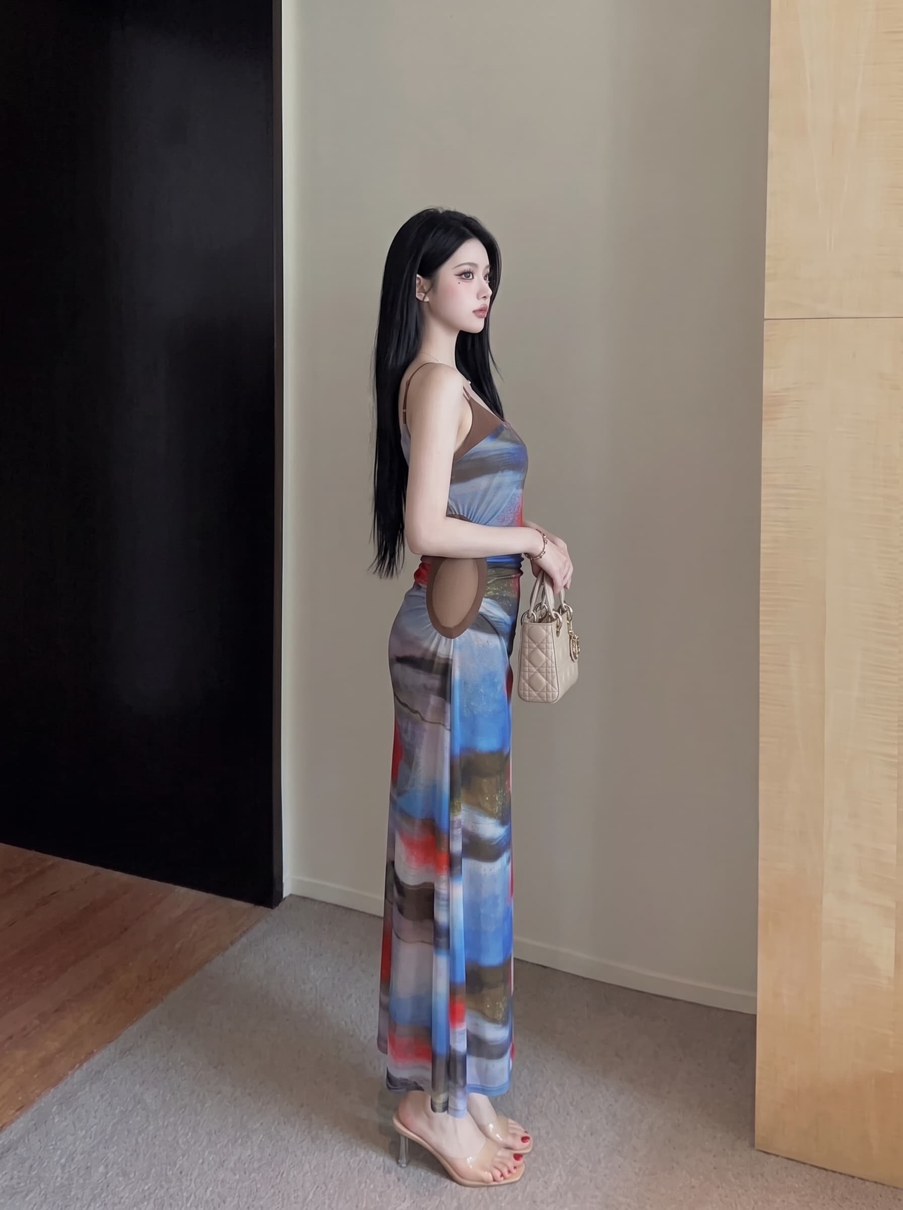 실사 순수한 욕망 바람 꽃무늬 패치워크 민소매 망사 슬립 드레스 플리츠 허리 수축 중간 길이 무릎 아래 치마 여성 상세 이미지 7