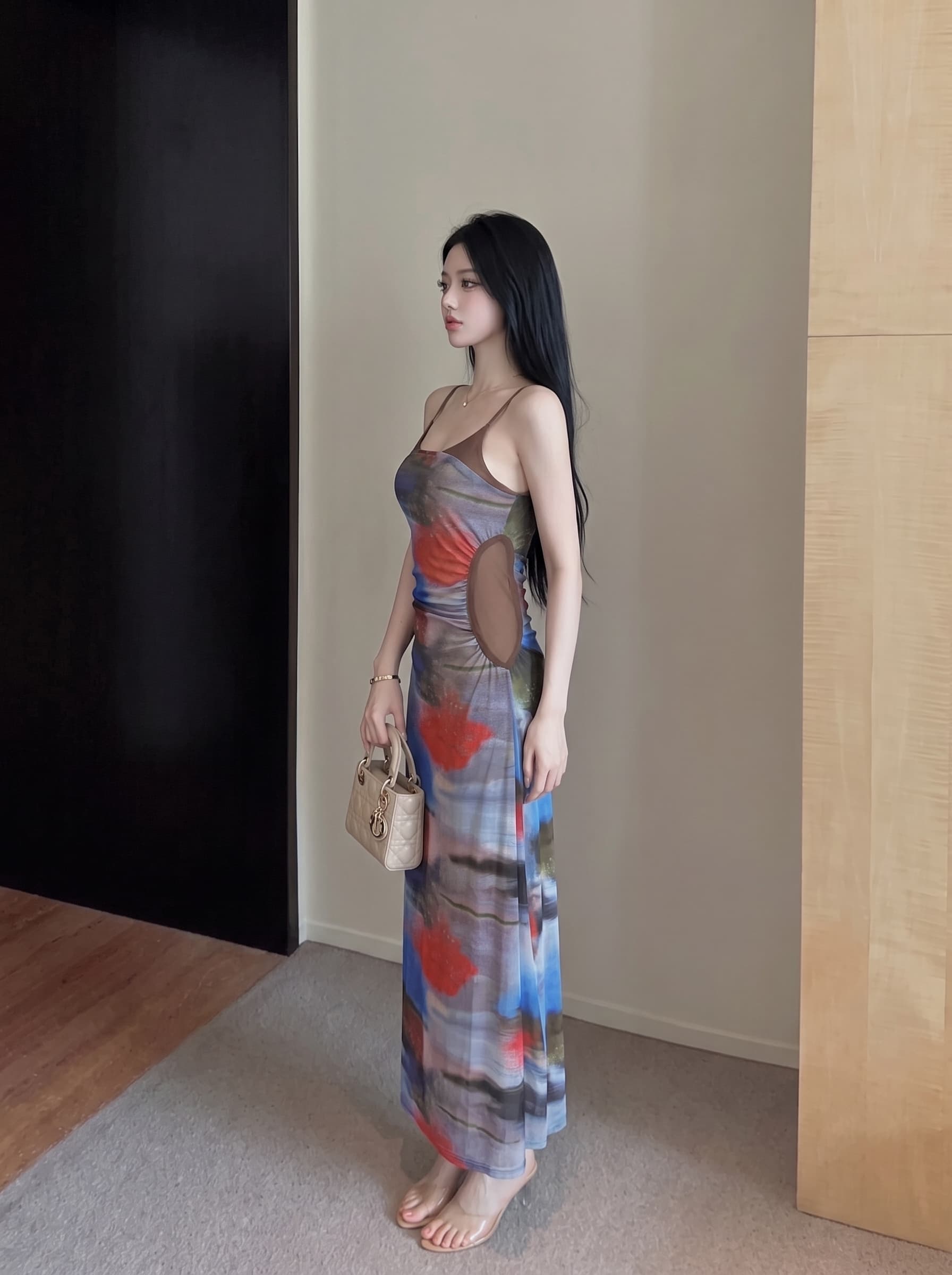 실사 순수한 욕망 바람 꽃무늬 패치워크 민소매 망사 슬립 드레스 플리츠 허리 수축 중간 길이 무릎 아래 치마 여성 상세 이미지 8