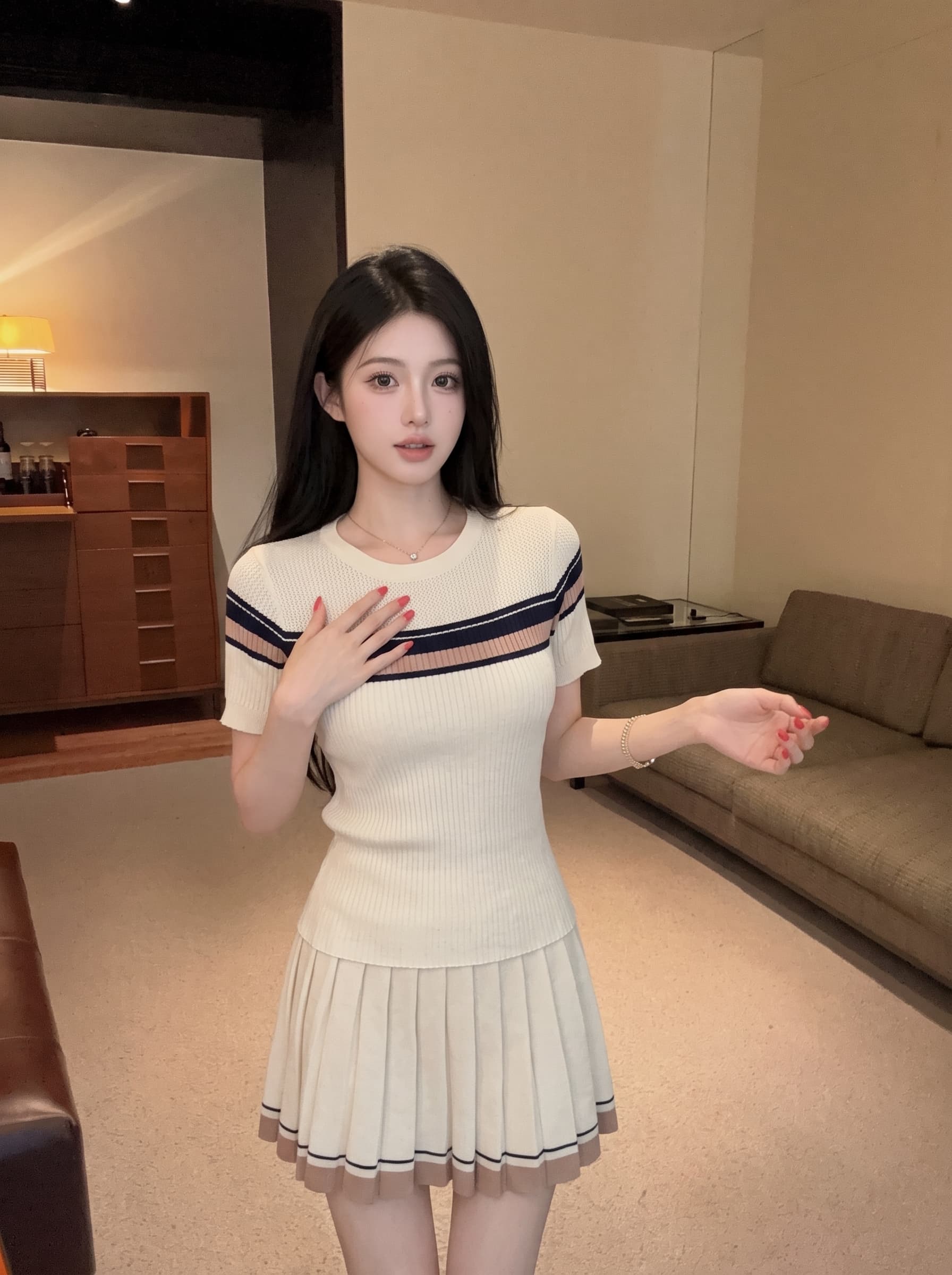실사 학원 스타일 패션 세트 여성 여름 새로운 배색 홀로우 아웃 반팔 반신 플리츠 스커트 투피스 세트 상세 이미지 2