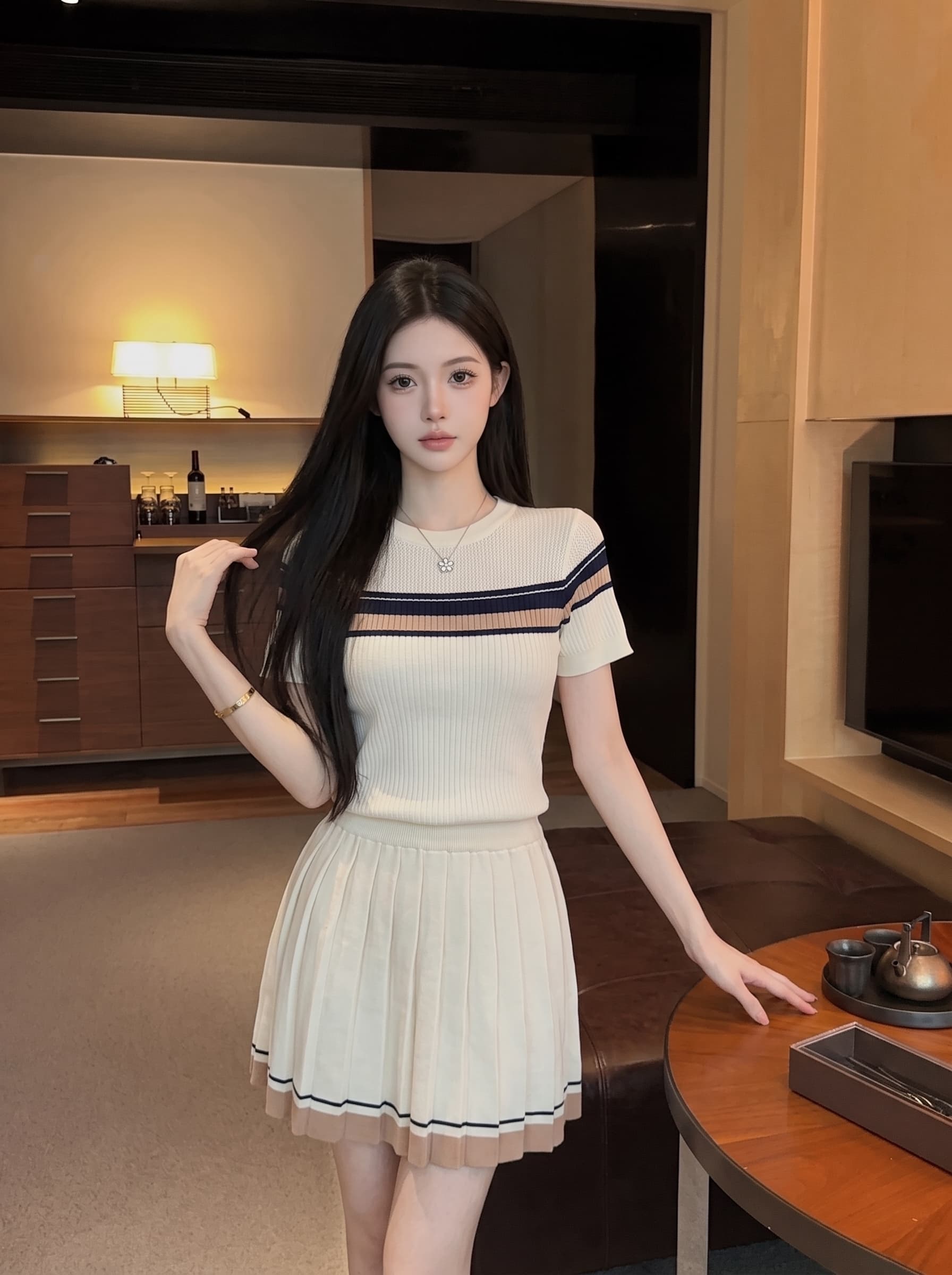 실사 학원 스타일 패션 세트 여성 여름 새로운 배색 홀로우 아웃 반팔 반신 플리츠 스커트 투피스 세트 상세 이미지 3