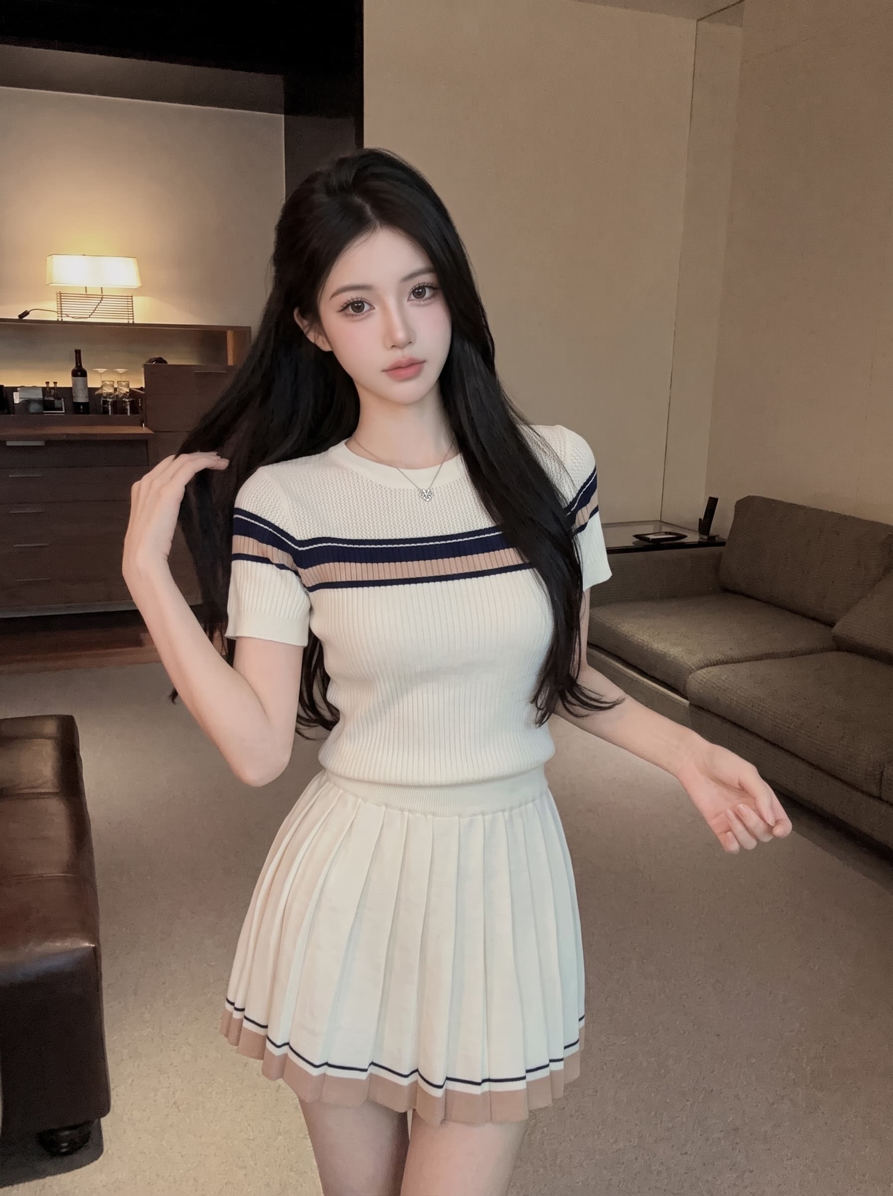실사 학원 스타일 패션 세트 여성 여름 새로운 배색 홀로우 아웃 반팔 반신 플리츠 스커트 투피스 세트 상세 이미지 4