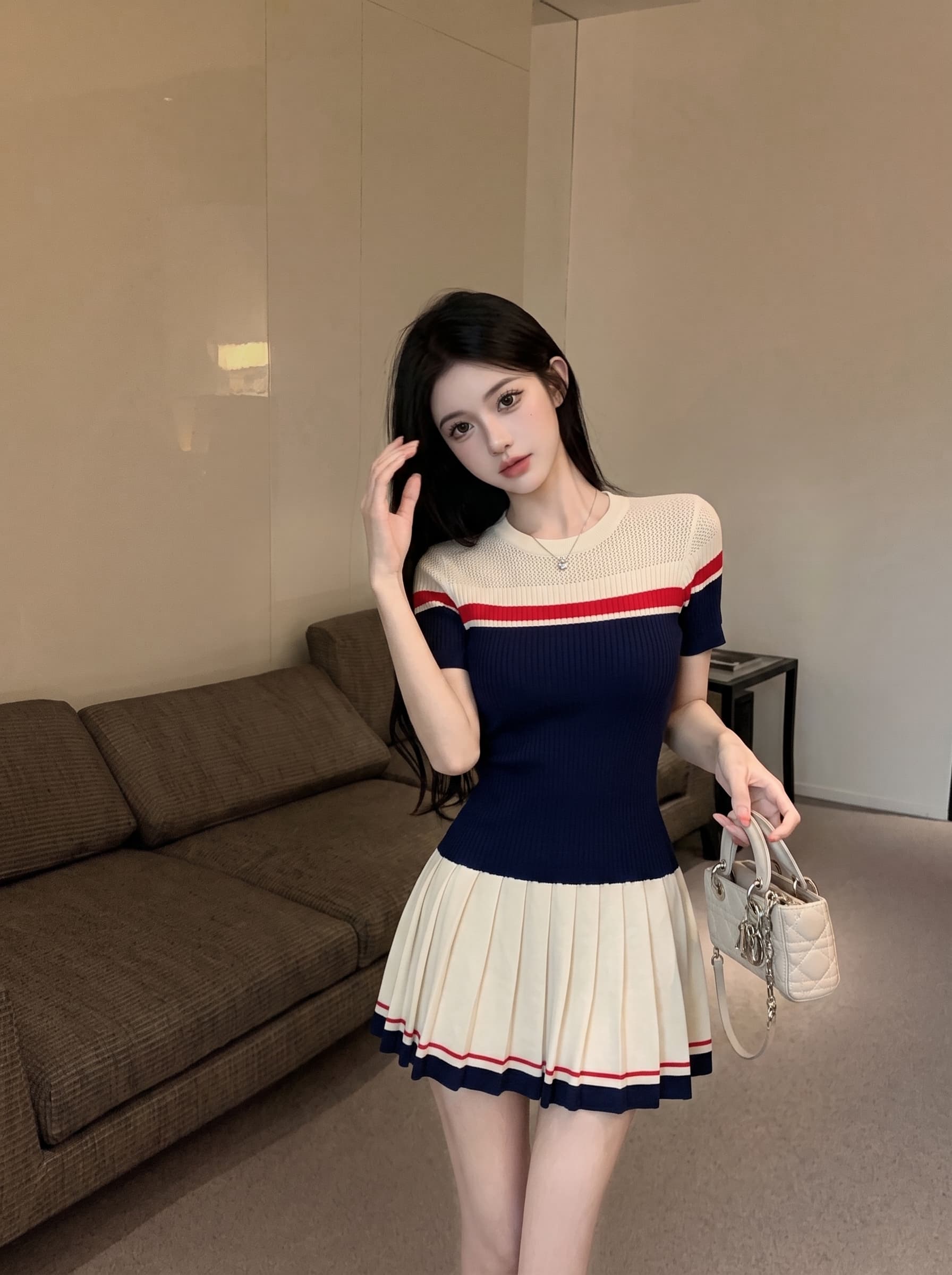 실사 학원 스타일 패션 세트 여성 여름 새로운 배색 홀로우 아웃 반팔 반신 플리츠 스커트 투피스 세트 상세 이미지 9