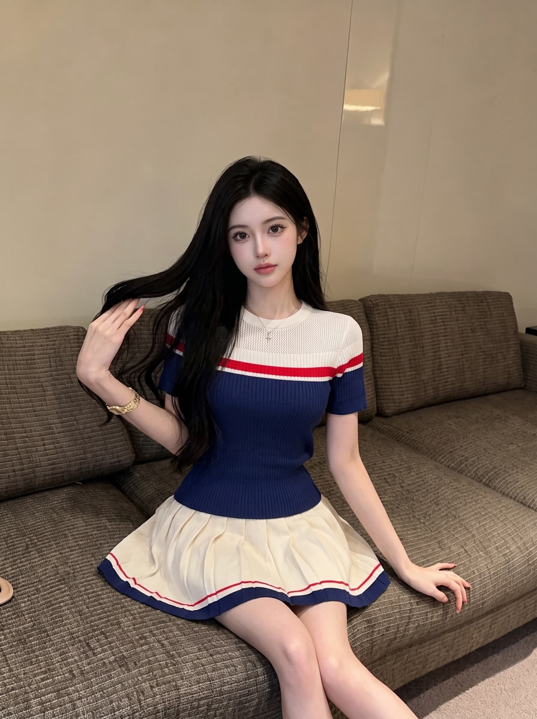실사 학원 스타일 패션 세트 여성 여름 새로운 배색 홀로우 아웃 반팔 반신 플리츠 스커트 투피스 세트 상세 이미지 10