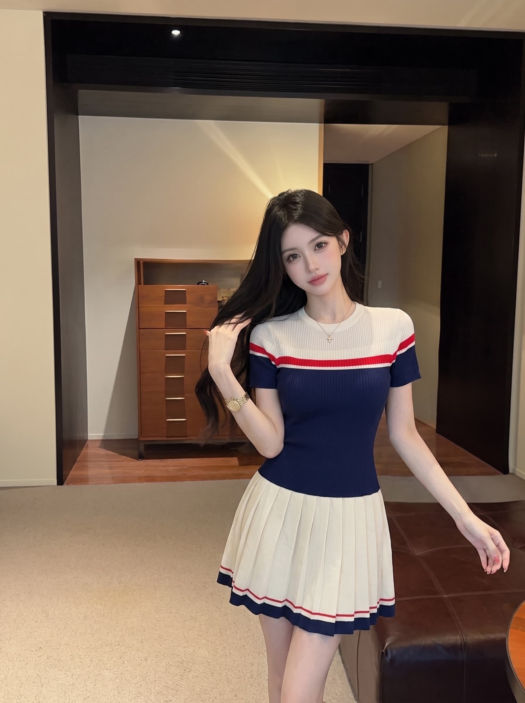 실사 학원 스타일 패션 세트 여성 여름 새로운 배색 홀로우 아웃 반팔 반신 플리츠 스커트 투피스 세트 상세 이미지 11