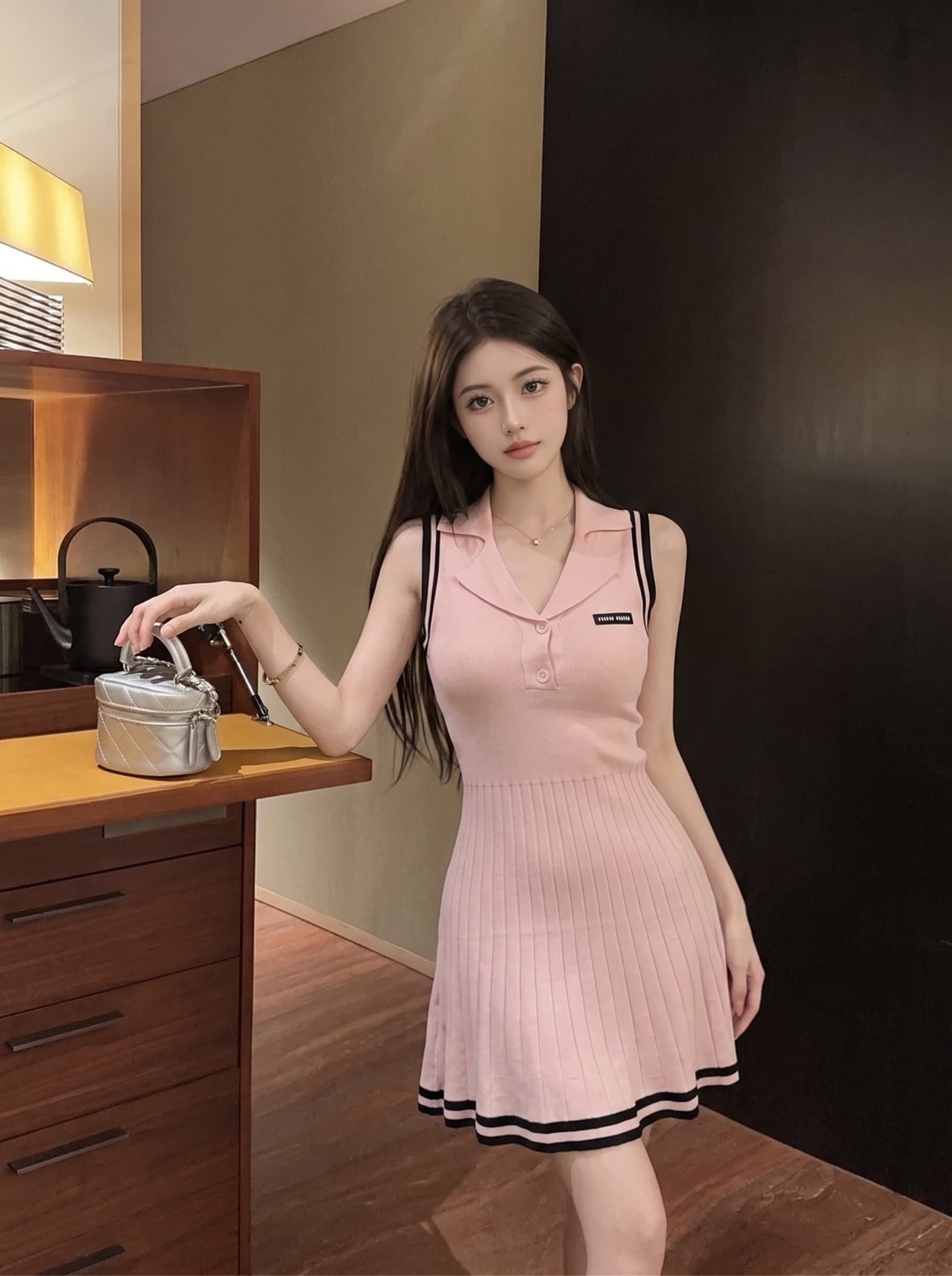 실사 스트라이프 니트 POLO 칼라 민소매 여성 드레스 여름 천 골드 골프 테니스 운동 착용 가져 가라. 미니 스커트 이미지 4