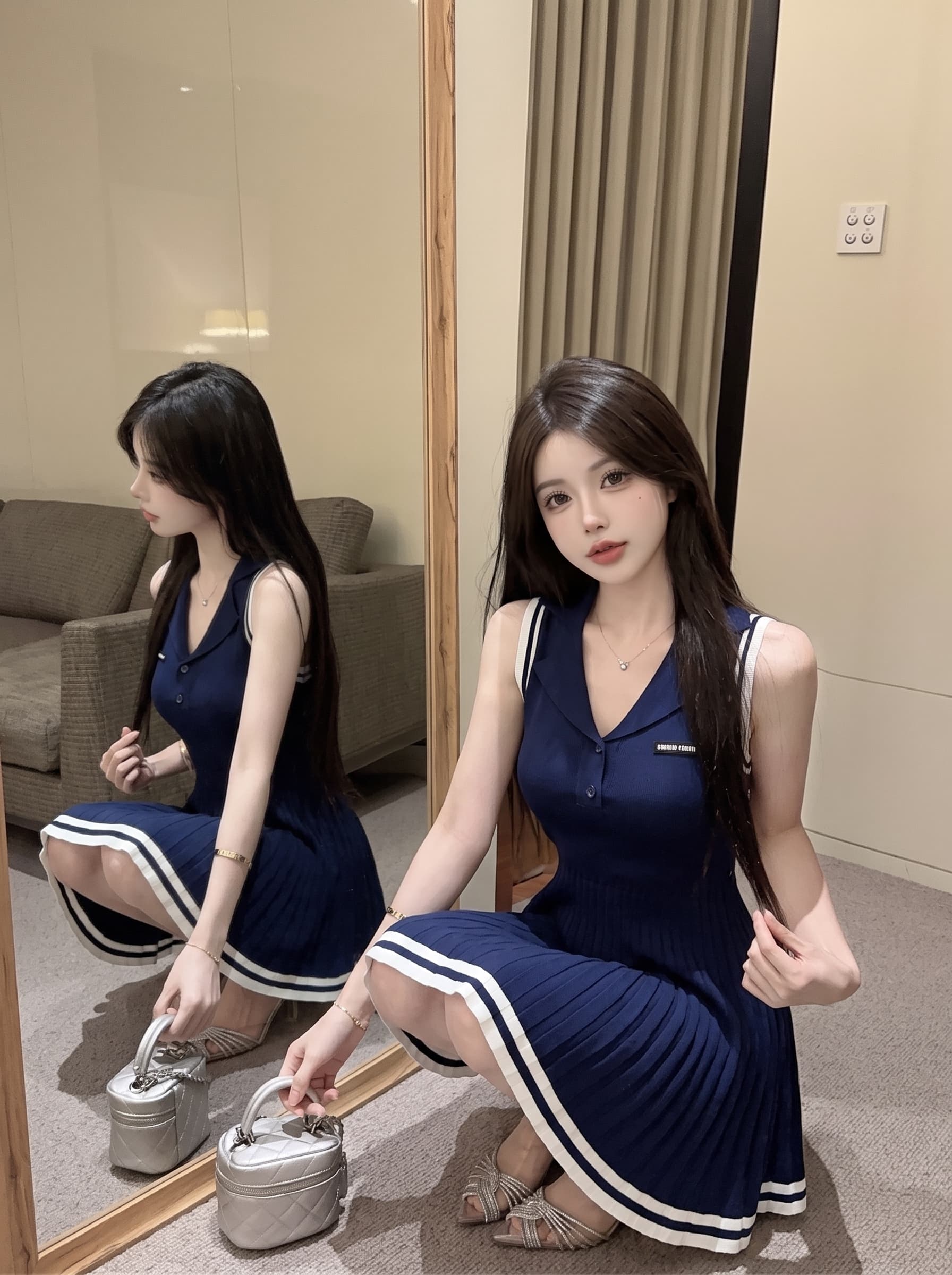 실사 스트라이프 니트 POLO 칼라 민소매 여성 드레스 여름 천 골드 골프 테니스 운동 착용 가져 가라. 미니 스커트 상세 이미지 4