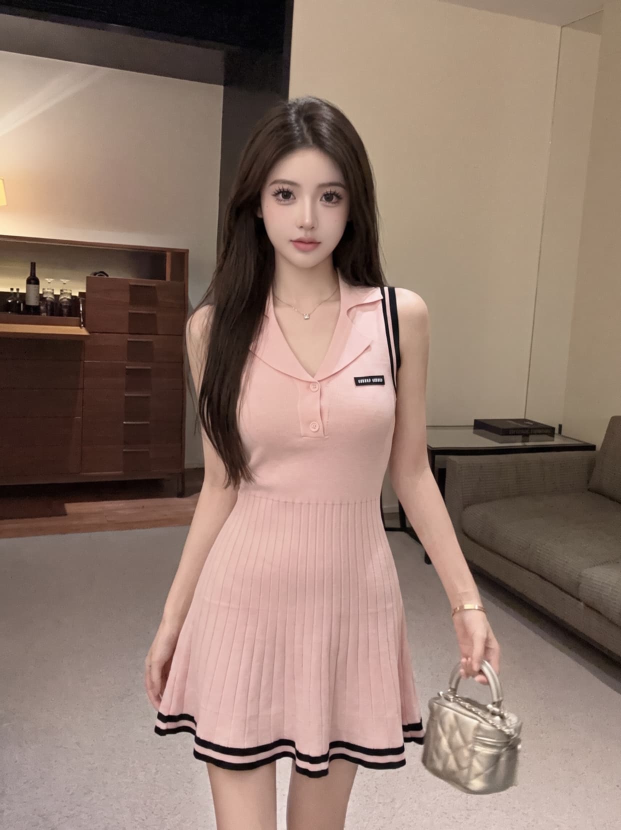 실사 스트라이프 니트 POLO 칼라 민소매 여성 드레스 여름 천 골드 골프 테니스 운동 착용 가져 가라. 미니 스커트 상세 이미지 8