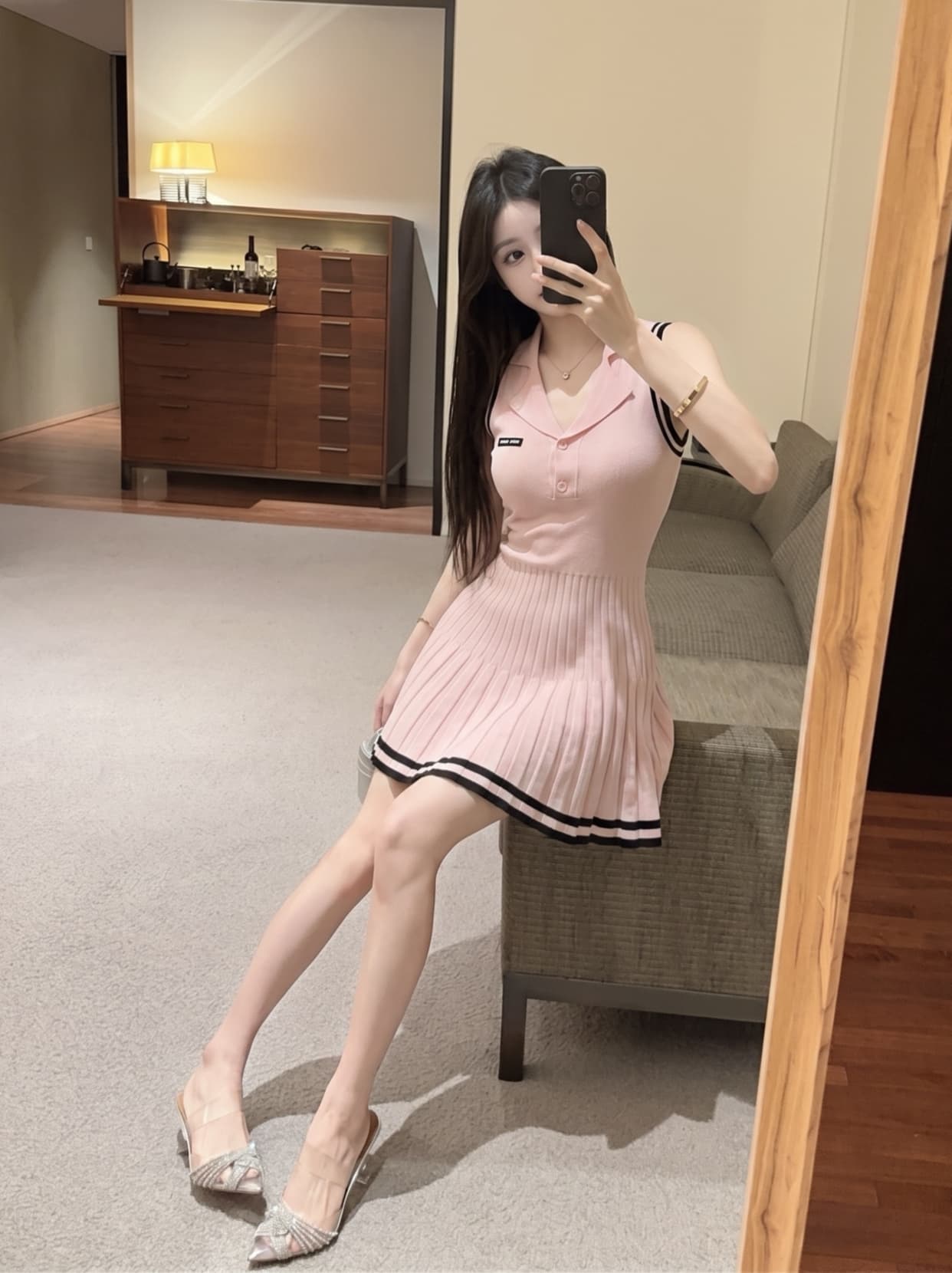 실사 스트라이프 니트 POLO 칼라 민소매 여성 드레스 여름 천 골드 골프 테니스 운동 착용 가져 가라. 미니 스커트 상세 이미지 9