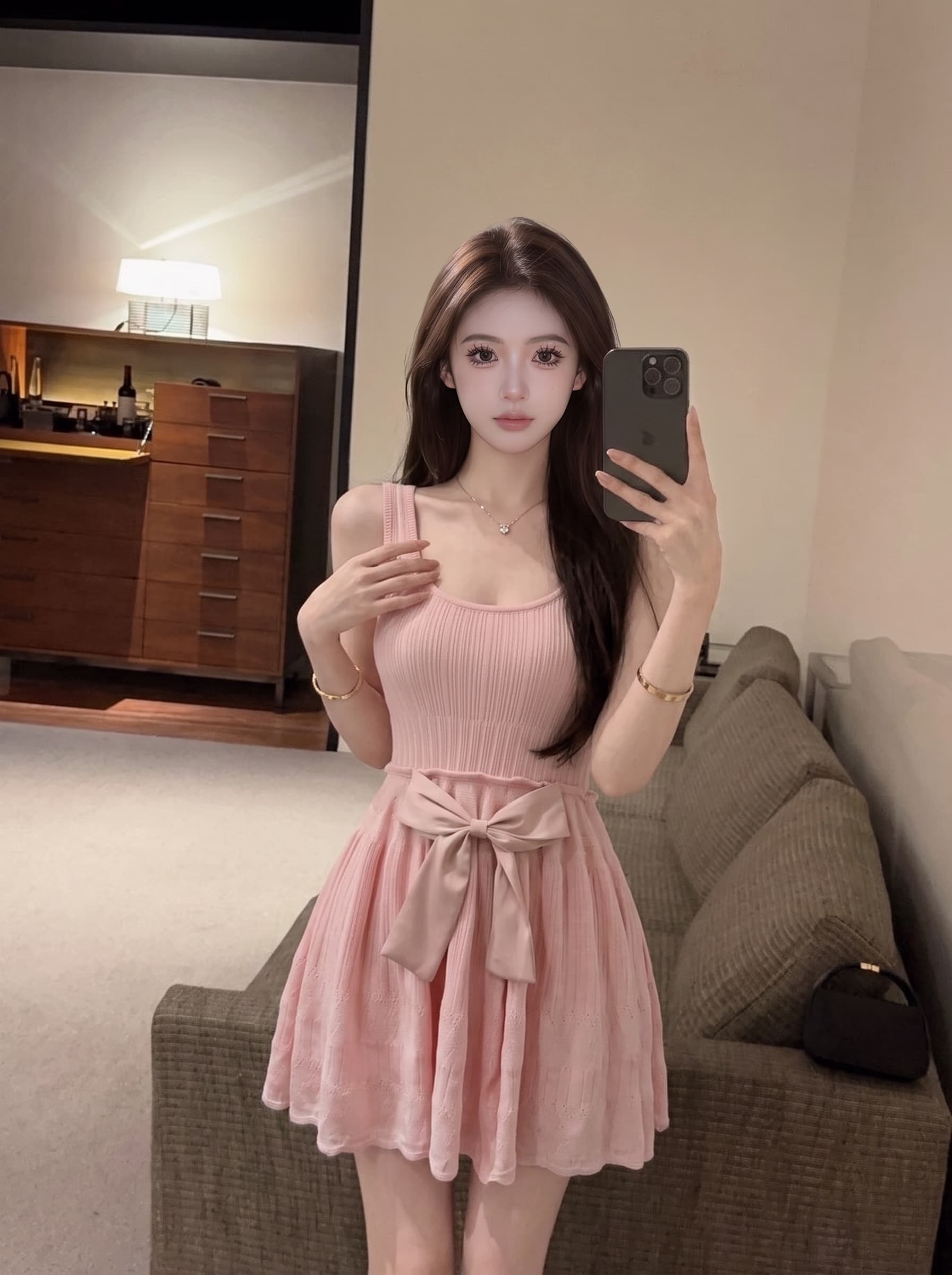 실사 나비 매듭 민소매 조끼 니트 슬립 여성 드레스 여름 허리 수축 슬림해 보이는 품격 한 마디 짧은 치마 이미지 4