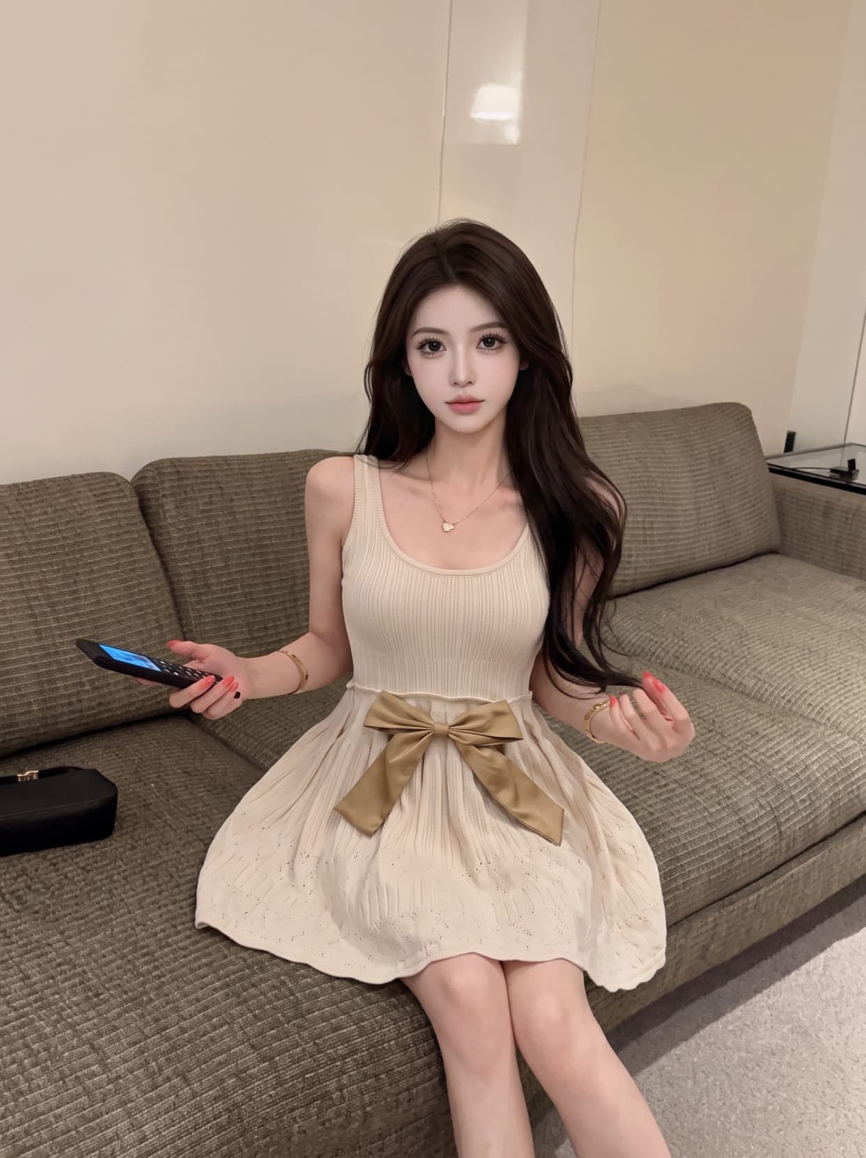 실사 나비 매듭 민소매 조끼 니트 슬립 여성 드레스 여름 허리 수축 슬림해 보이는 품격 한 마디 짧은 치마 이미지 5