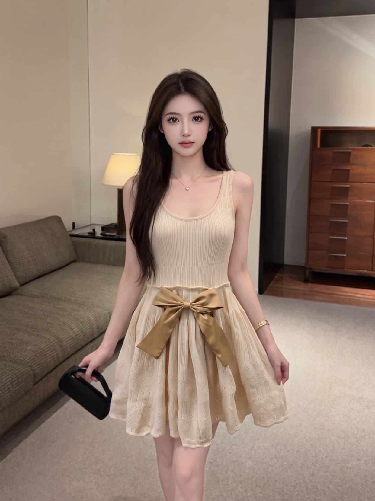 실사 나비 매듭 민소매 조끼 니트 슬립 여성 드레스 여름 허리 수축 슬림해 보이는 품격 한 마디 짧은 치마 상세 이미지 5
