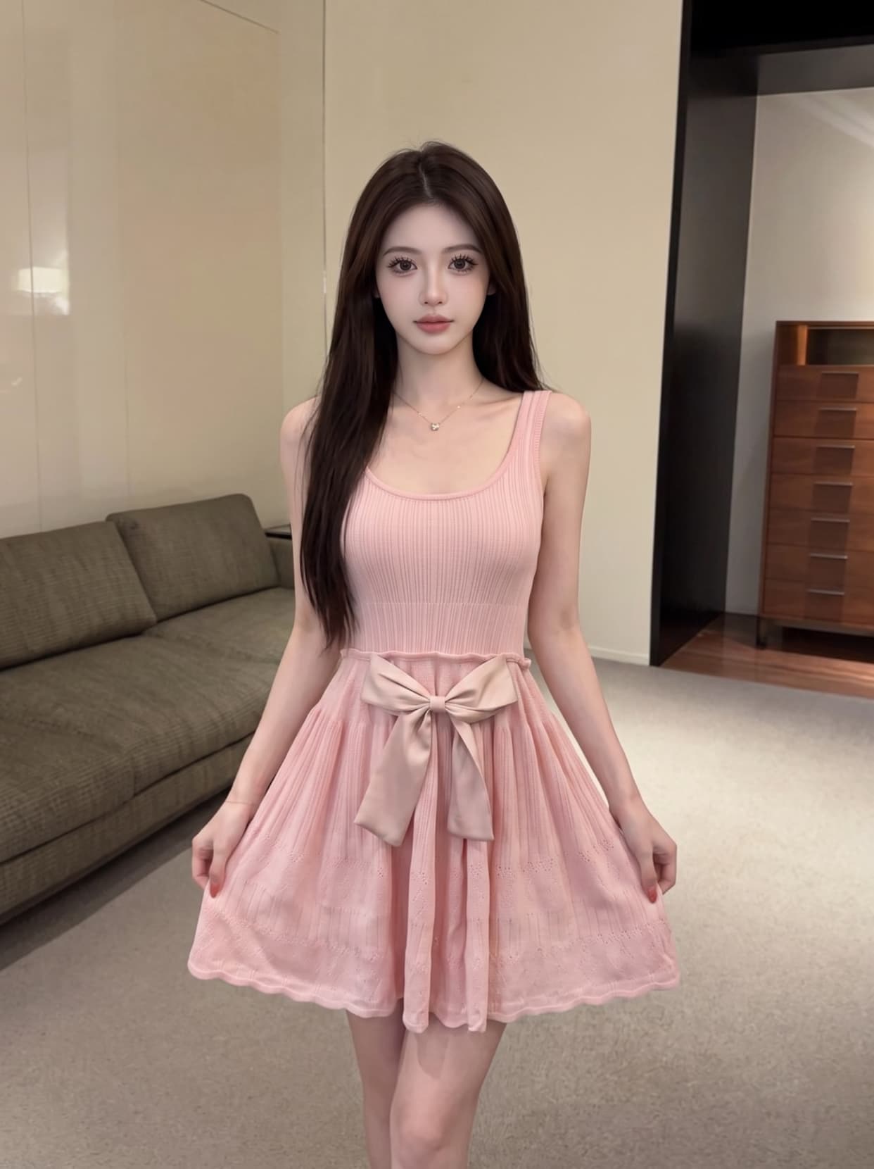 실사 나비 매듭 민소매 조끼 니트 슬립 여성 드레스 여름 허리 수축 슬림해 보이는 품격 한 마디 짧은 치마 상세 이미지 8