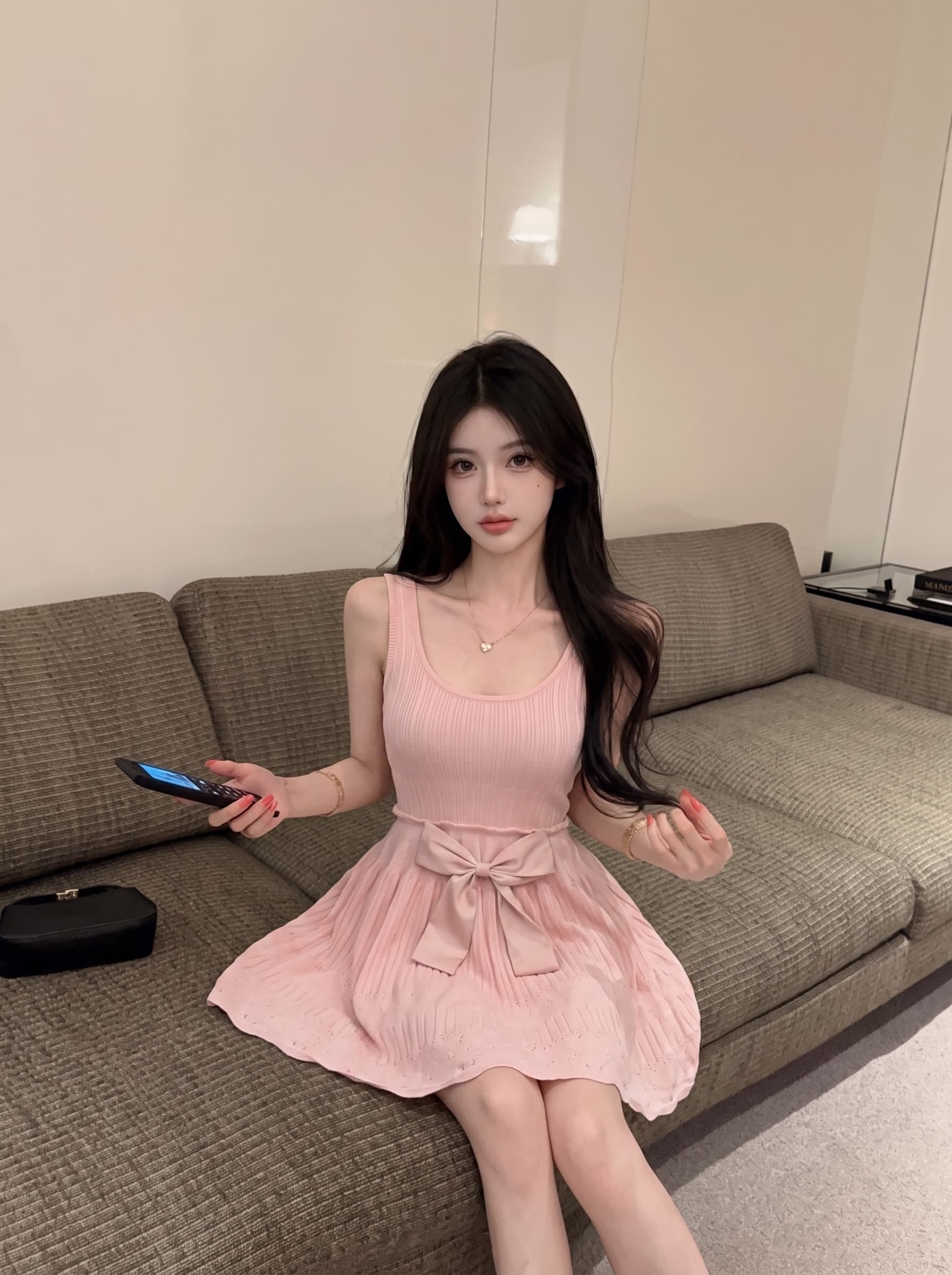 실사 나비 매듭 민소매 조끼 니트 슬립 여성 드레스 여름 허리 수축 슬림해 보이는 품격 한 마디 짧은 치마 상세 이미지 9