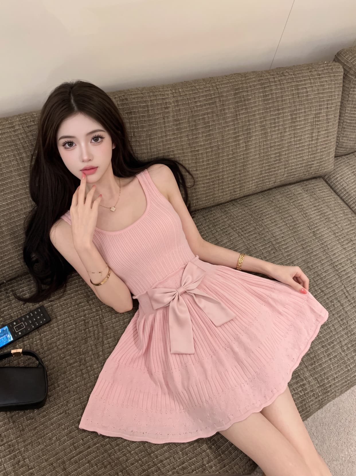 실사 나비 매듭 민소매 조끼 니트 슬립 여성 드레스 여름 허리 수축 슬림해 보이는 품격 한 마디 짧은 치마 상세 이미지 10