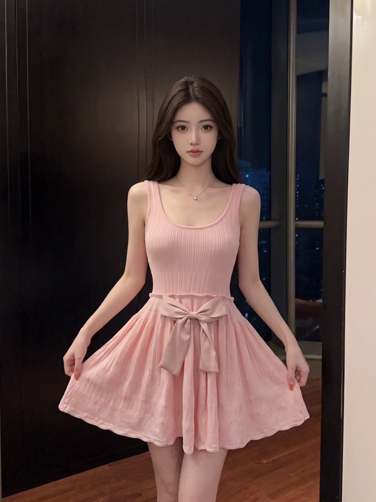 실사 나비 매듭 민소매 조끼 니트 슬립 여성 드레스 여름 허리 수축 슬림해 보이는 품격 한 마디 짧은 치마 상세 이미지 11