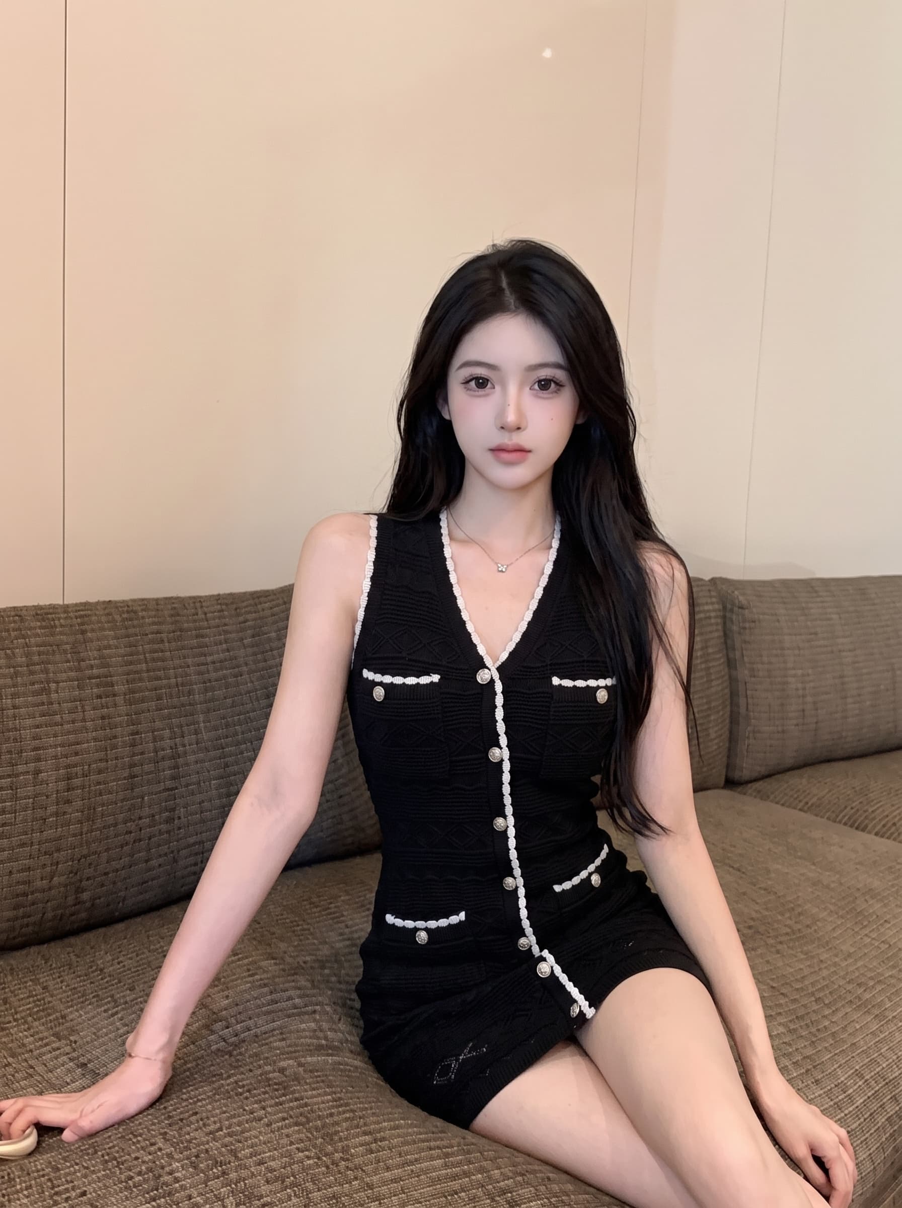 실사 프랑스식 천 금빛 바람 V넥 니트 조끼 여성 드레스 여름 순수한 욕망 아름다운 몸매 가꾸기 타이트 스커트 짧은 치마 이미지 5