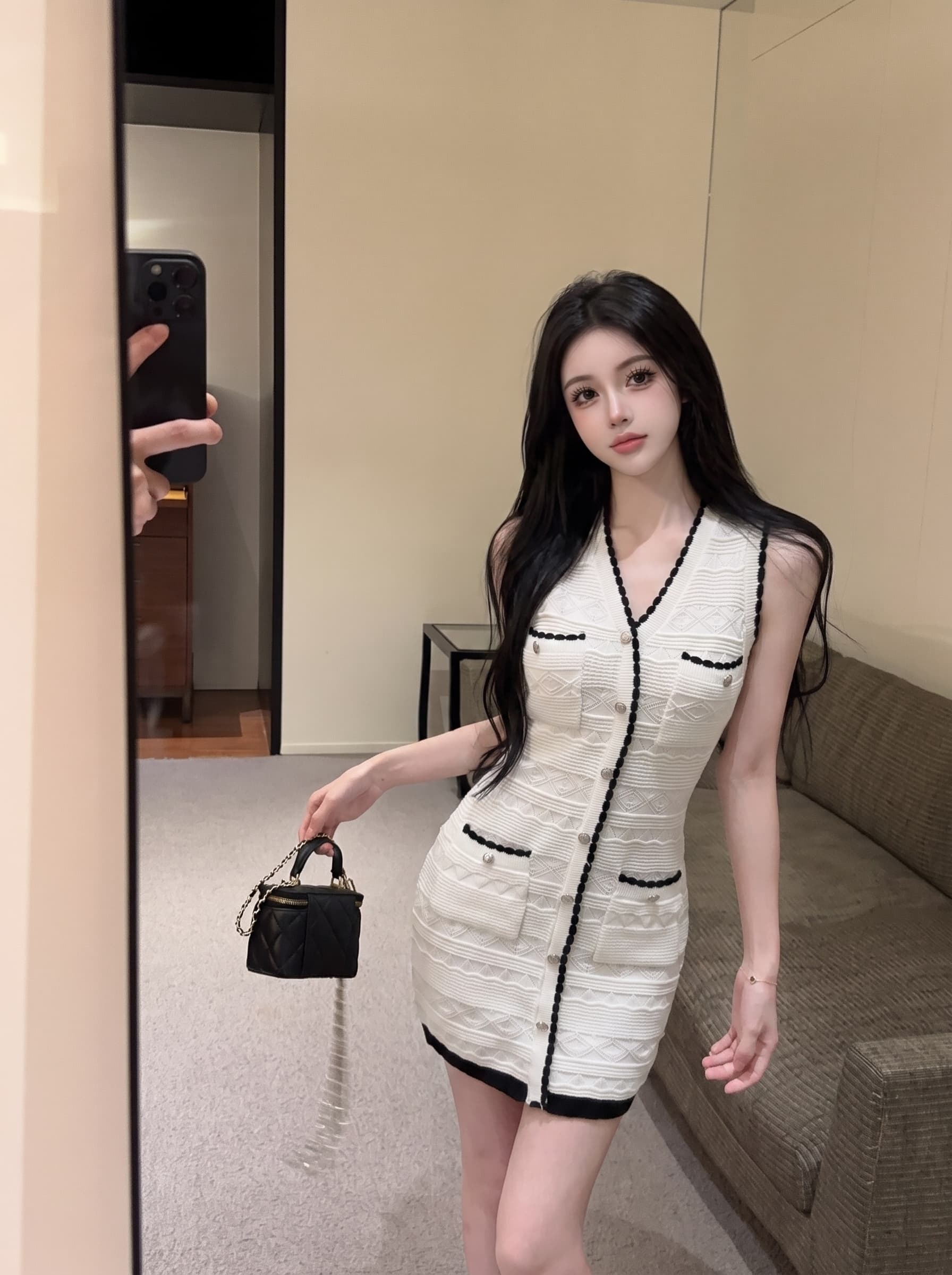 실사 프랑스식 천 금빛 바람 V넥 니트 조끼 여성 드레스 여름 순수한 욕망 아름다운 몸매 가꾸기 타이트 스커트 짧은 치마 상세 이미지 4