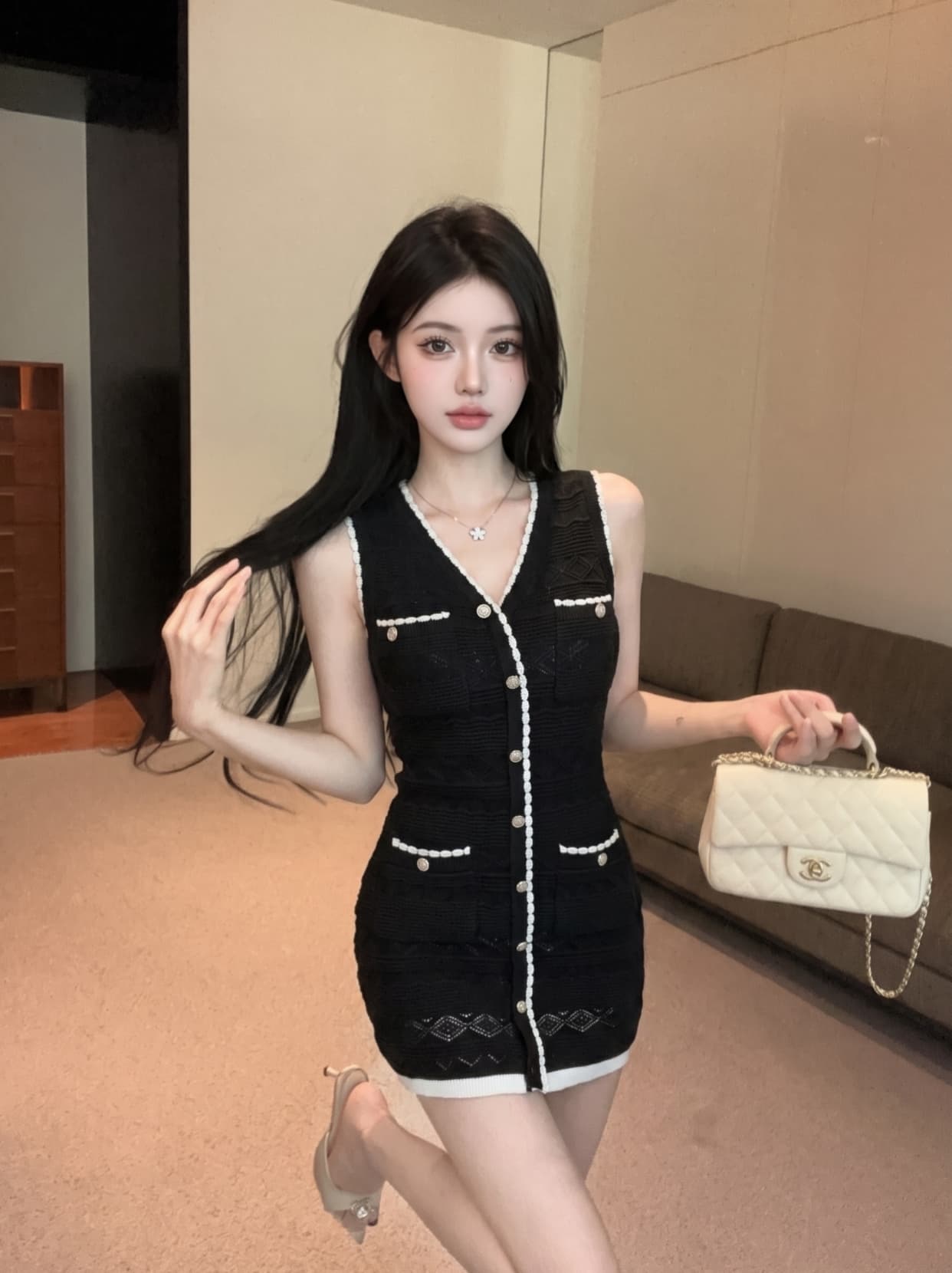실사 프랑스식 천 금빛 바람 V넥 니트 조끼 여성 드레스 여름 순수한 욕망 아름다운 몸매 가꾸기 타이트 스커트 짧은 치마 상세 이미지 9