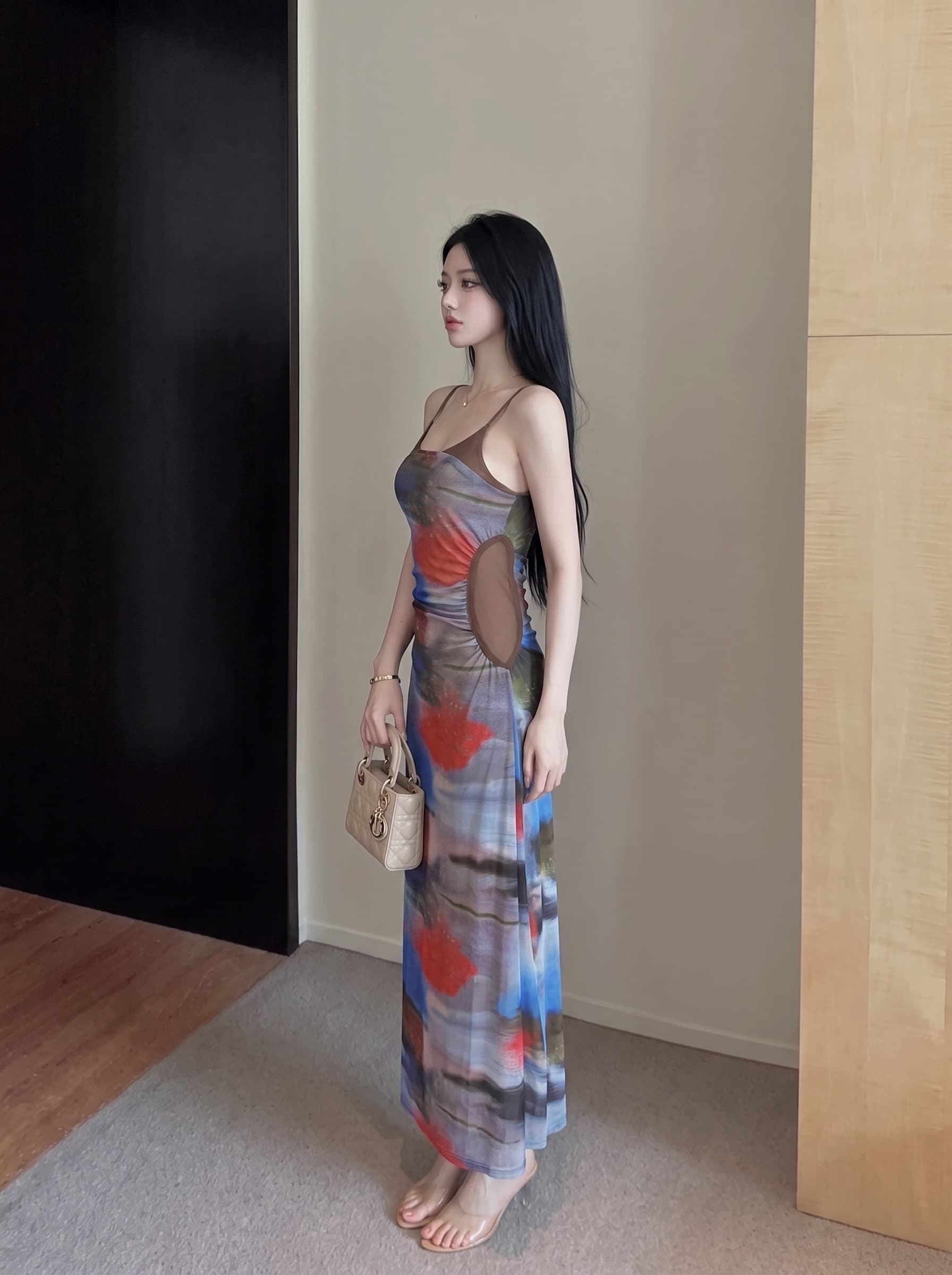 실사 순수한 욕망 바람 꽃무늬 패치워크 민소매 망사 슬립 드레스 플리츠 허리 수축 중간 길이 무릎 아래 치마 여성 이미지 5